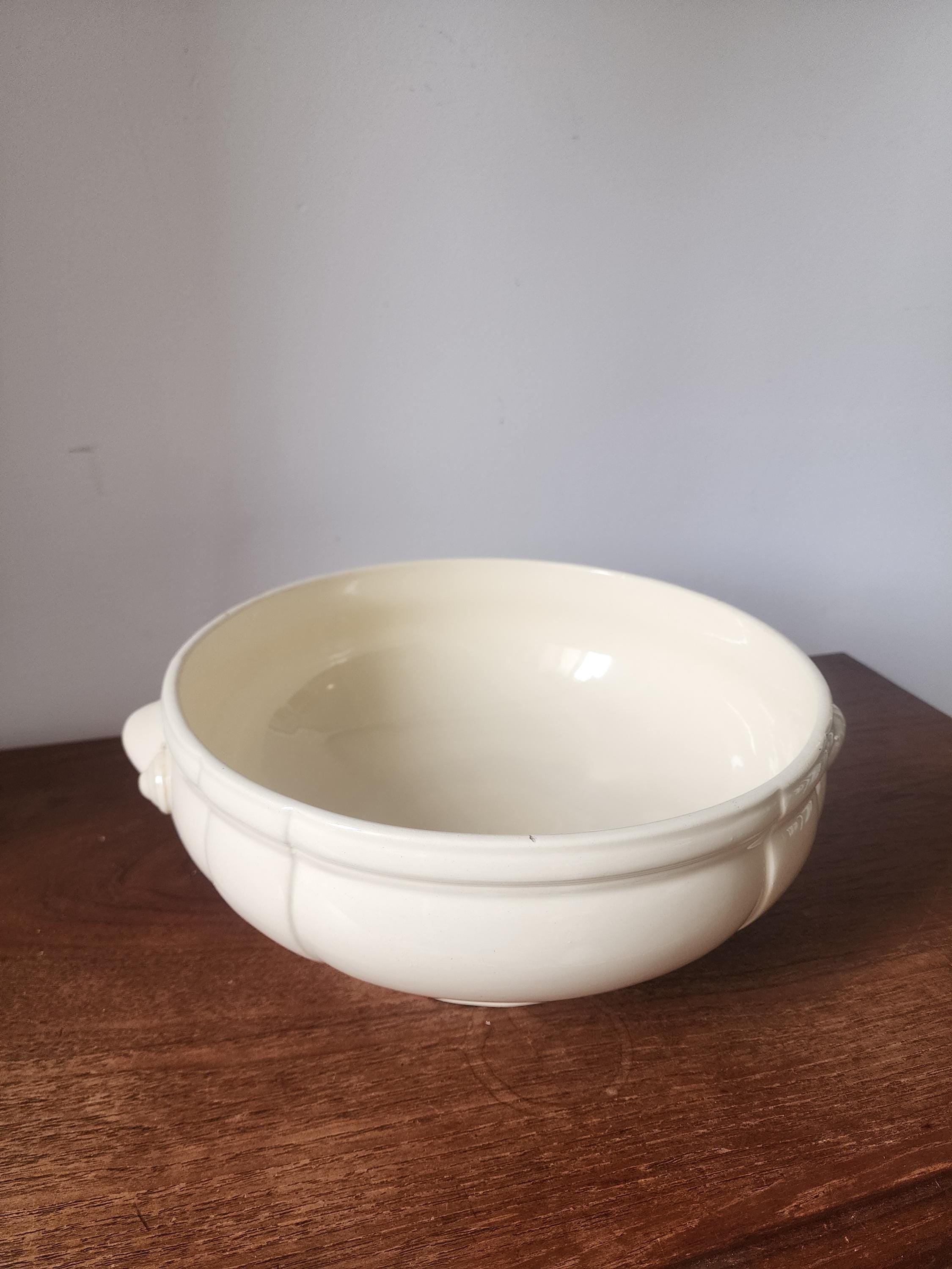 Vintage Digoin Sarreguemines Ivory Stoneware Bowl, French Footed Serving Bowl with Handles, Farmhouse Tableware