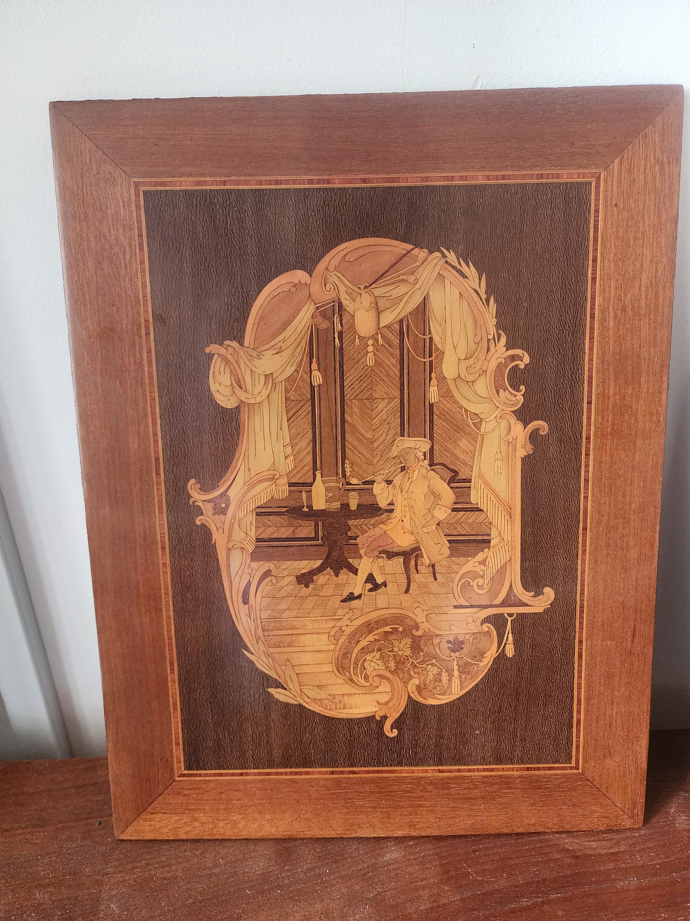 Pair of Vintage Wood Marquetry Wall Panels, Framed Inlaid Decorative Art, Classical Romantic Motif, European Wall Decor
