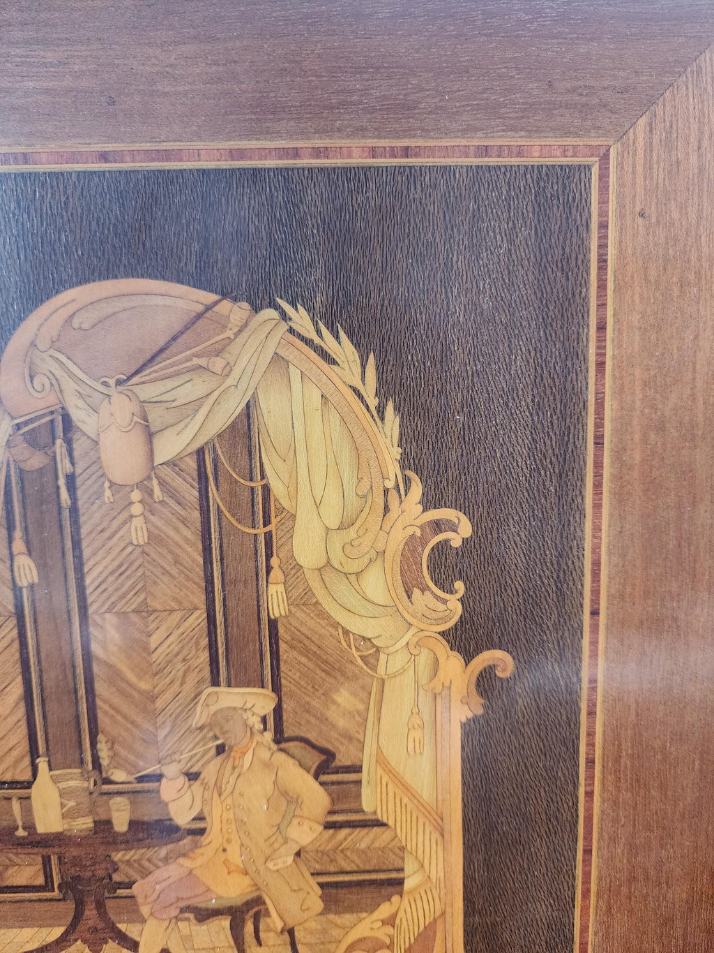 Pair of Vintage Wood Marquetry Wall Panels, Framed Inlaid Decorative Art, Classical Romantic Motif, European Wall Decor