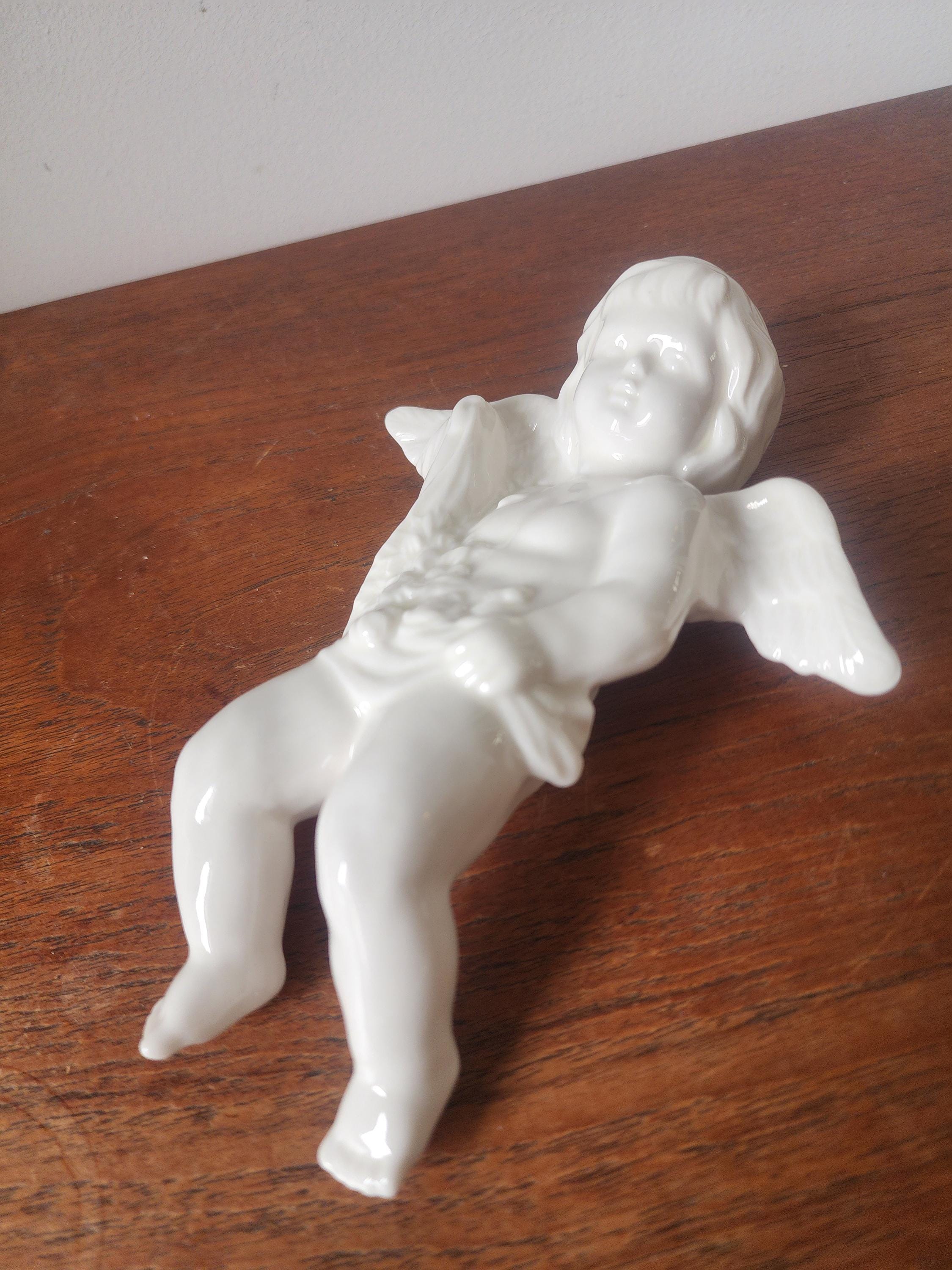 Vintage White Porcelain Cherub Figurine, Angel Putti Statue, Classical Decorative Sculpture, Romantic European Decor