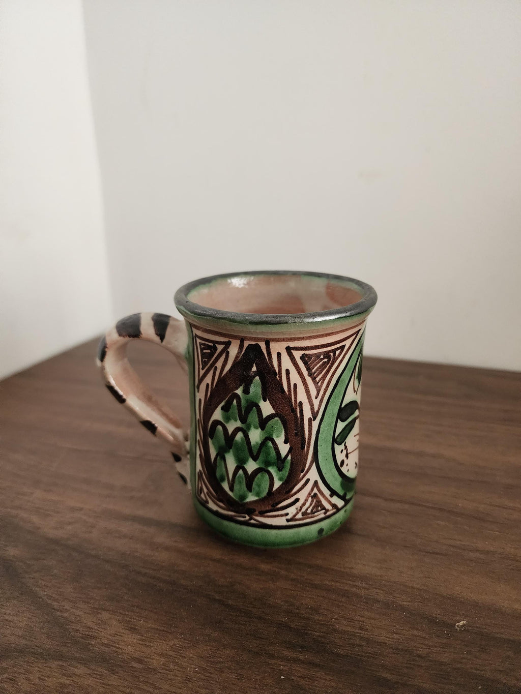 Vintage Spanish Punter Mug, Hand Painted Green Terracotta Cup, Rustic Folk Art Pottery, Andalusian Ceramic, Boho Kitchen Decor
