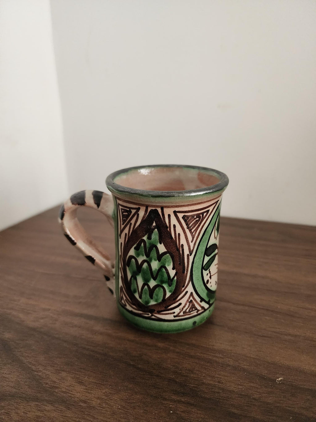 Vintage Spanish Punter Mug, Hand Painted Green Terracotta Cup, Rustic Folk Art Pottery, Andalusian Ceramic, Boho Kitchen Decor