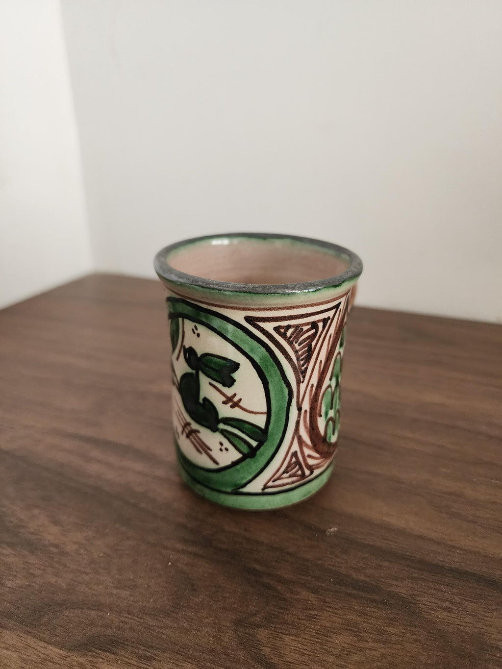 Vintage Spanish Punter Mug, Hand Painted Green Terracotta Cup, Rustic Folk Art Pottery, Andalusian Ceramic, Boho Kitchen Decor