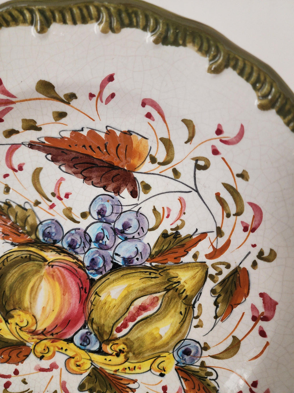 Vintage Spanish Hand Painted Majolica Plate, Fruit Motif Wall Decor, Talavera Style Ceramic, Olive Green Border, Rustic Kitchen Art