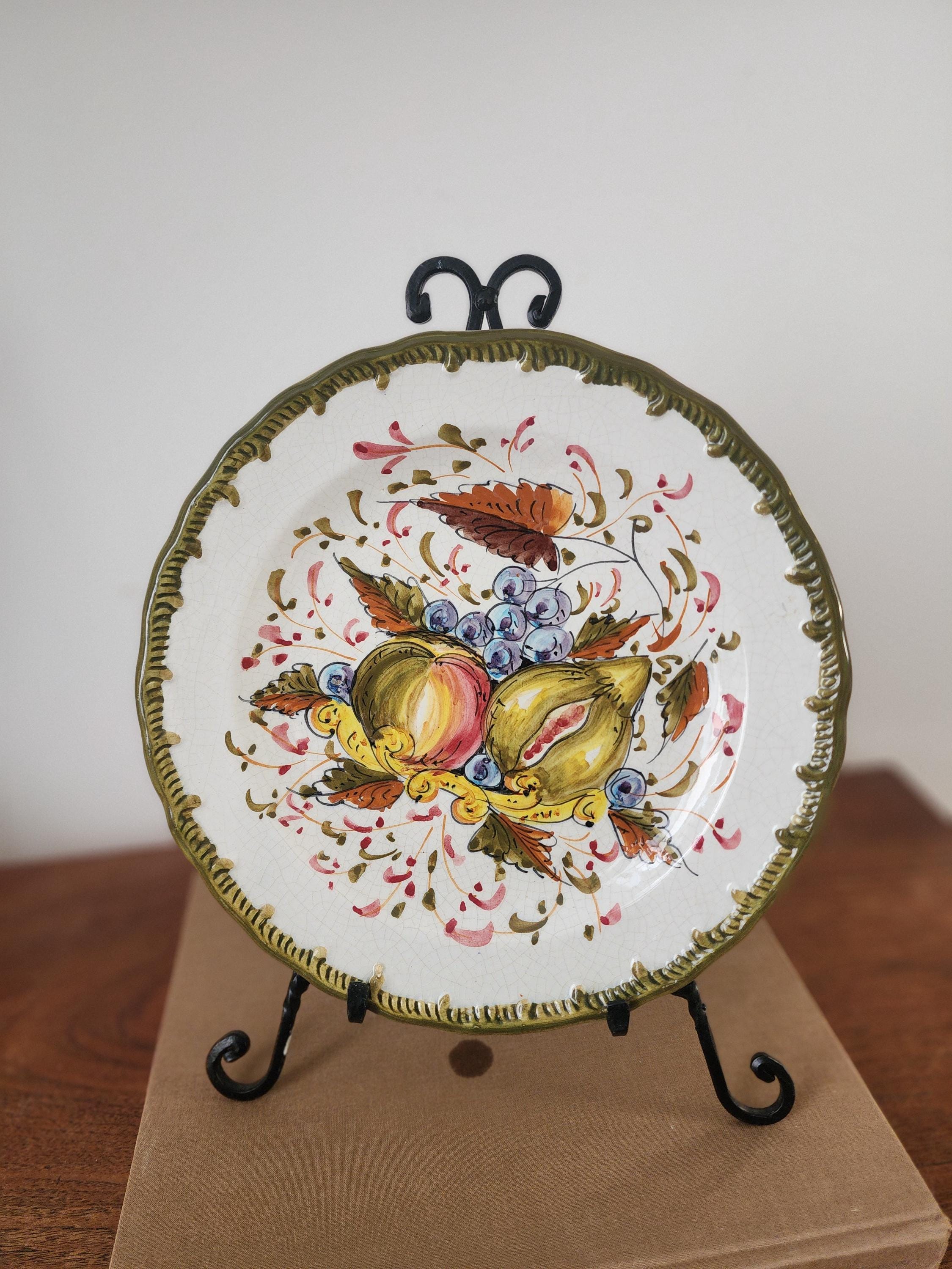 Vintage Spanish Hand Painted Majolica Plate, Fruit Motif Wall Decor, Talavera Style Ceramic, Olive Green Border, Rustic Kitchen Art