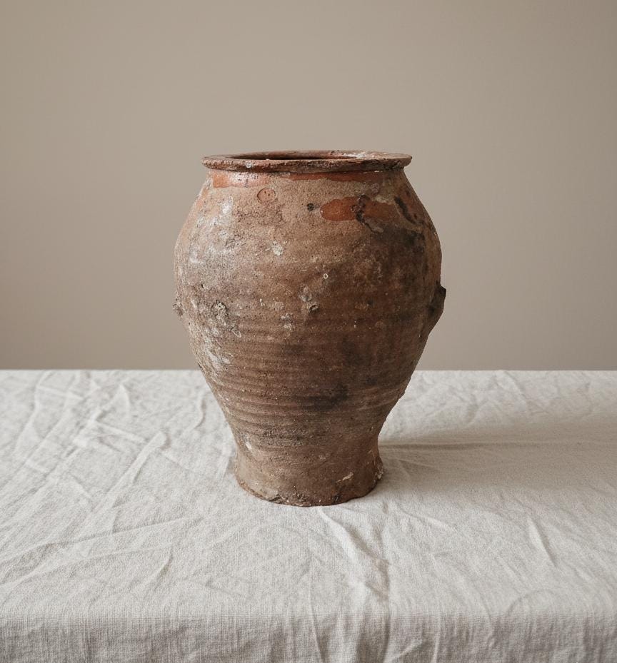 Rustic Vintage Clay Pot | Black & Brown Earthenware Vessel | Farmhouse Kitchen Decor | Primitive Collectible Jar