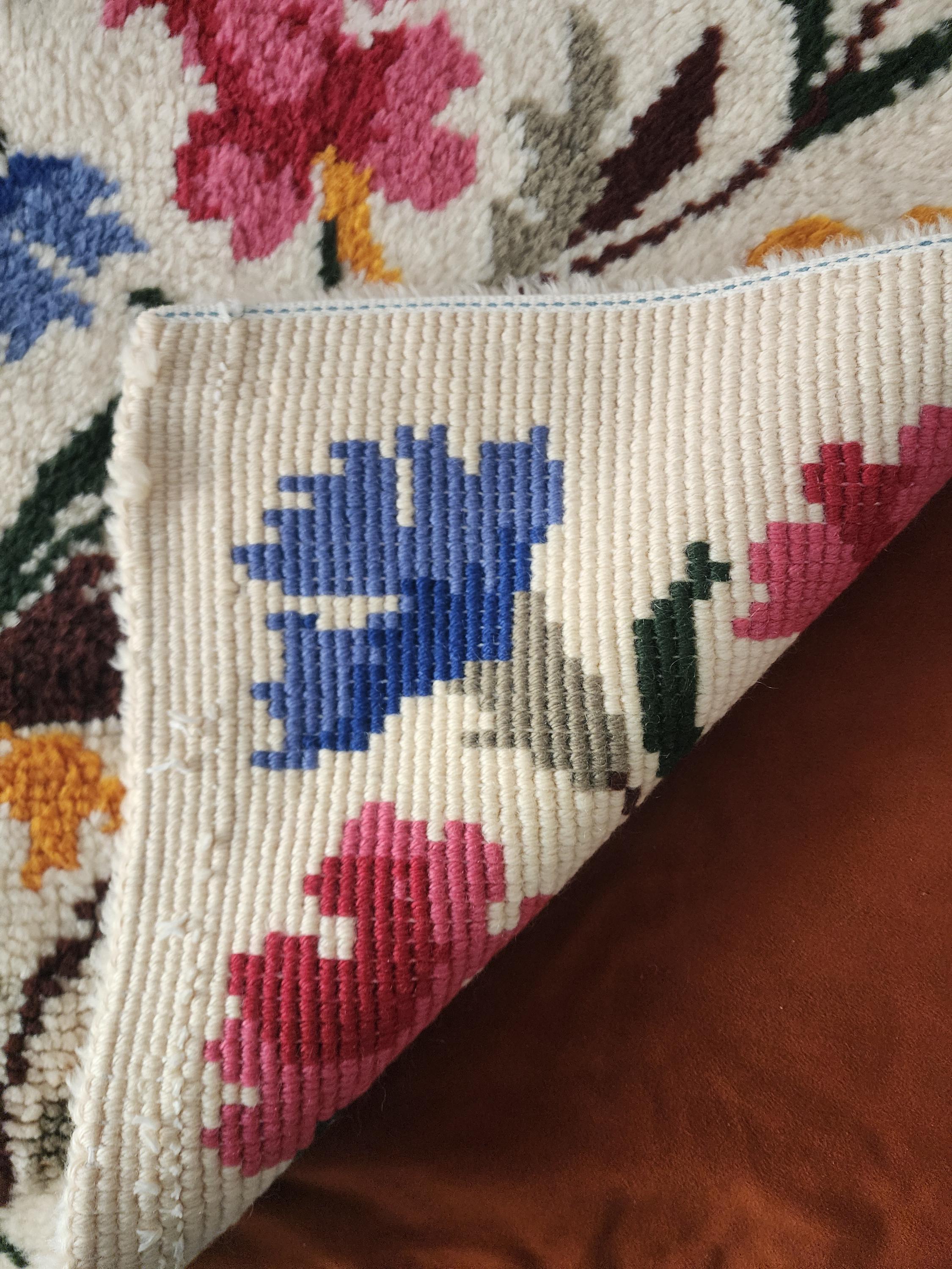 Vintage Wool Floral Rug | Handwoven Wall Tapestry | Mid Century Botanical Rya Rug | Colorful Scandinavian Wool Art Textile