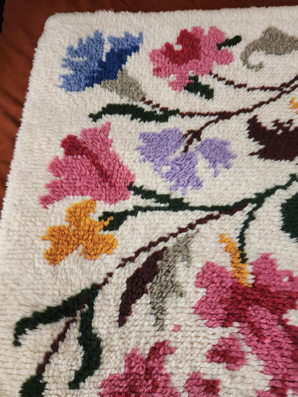 Vintage Wool Floral Rug | Handwoven Wall Tapestry | Mid Century Botanical Rya Rug | Colorful Scandinavian Wool Art Textile