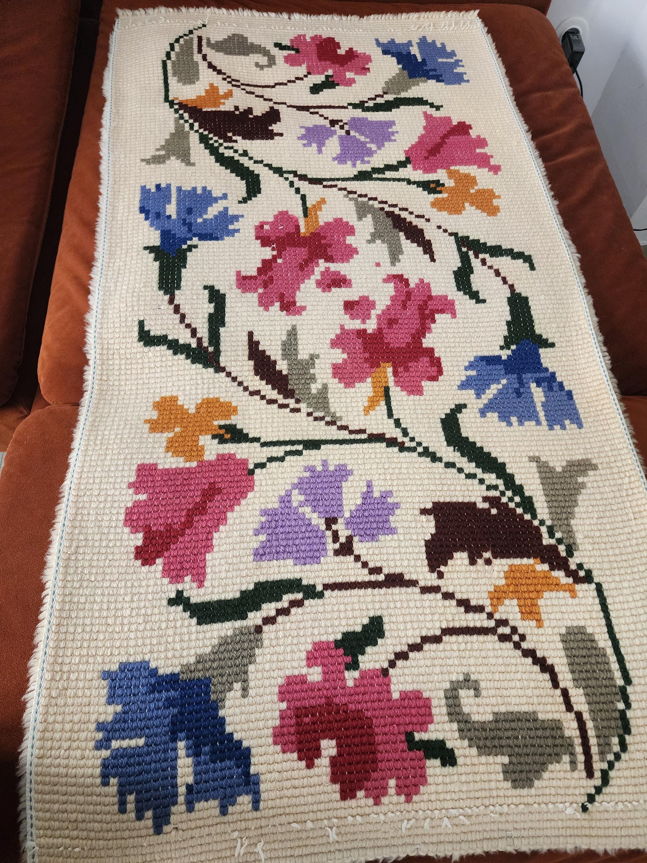 Vintage Wool Floral Rug | Handwoven Wall Tapestry | Mid Century Botanical Rya Rug | Colorful Scandinavian Wool Art Textile