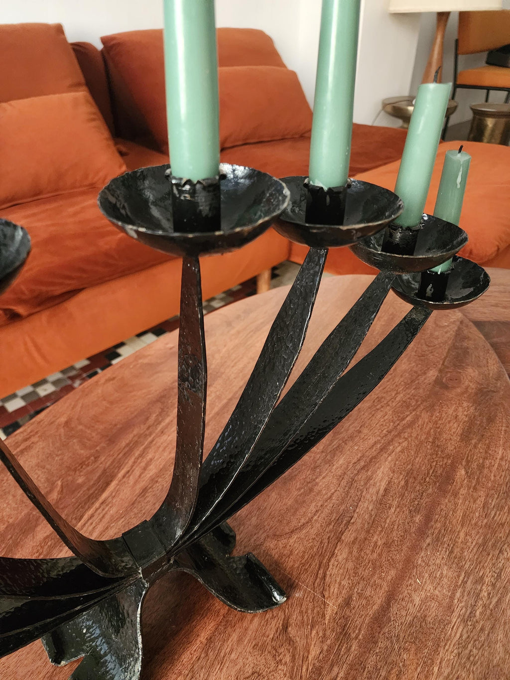 Mid Century Wrought Iron Candelabra | 9 Arm Black Iron Candle Holder | Modernist Brutalist Style | 23.5” Centerpiece Sculpture