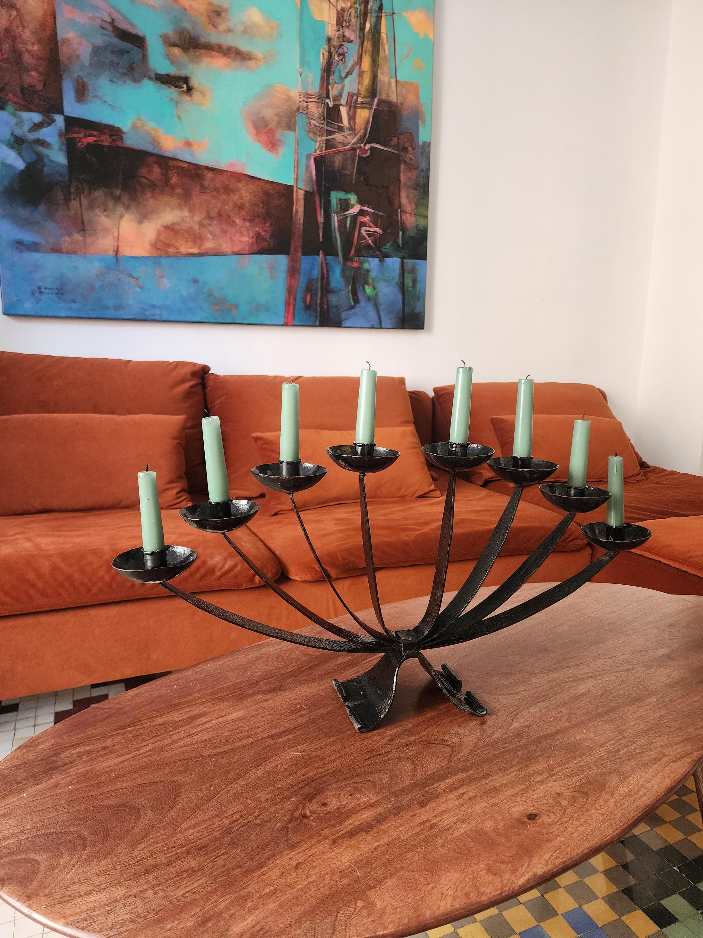 Mid Century Wrought Iron Candelabra | 9 Arm Black Iron Candle Holder | Modernist Brutalist Style | 23.5” Centerpiece Sculpture