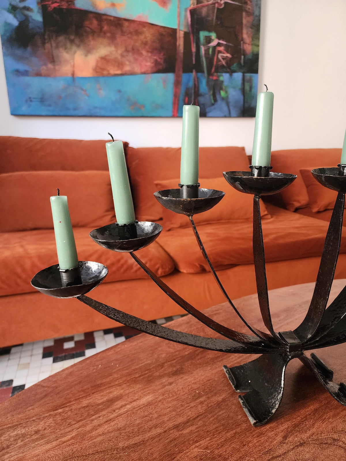 Mid Century Wrought Iron Candelabra | 9 Arm Black Iron Candle Holder | Modernist Brutalist Style | 23.5” Centerpiece Sculpture