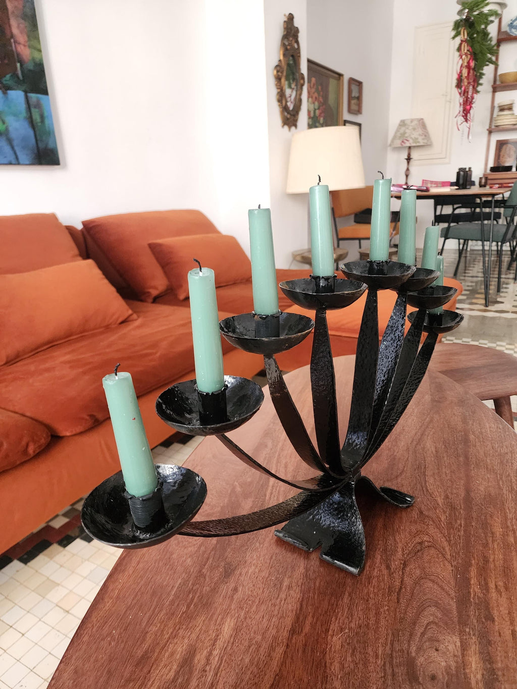 Mid Century Wrought Iron Candelabra | 9 Arm Black Iron Candle Holder | Modernist Brutalist Style | 23.5” Centerpiece Sculpture