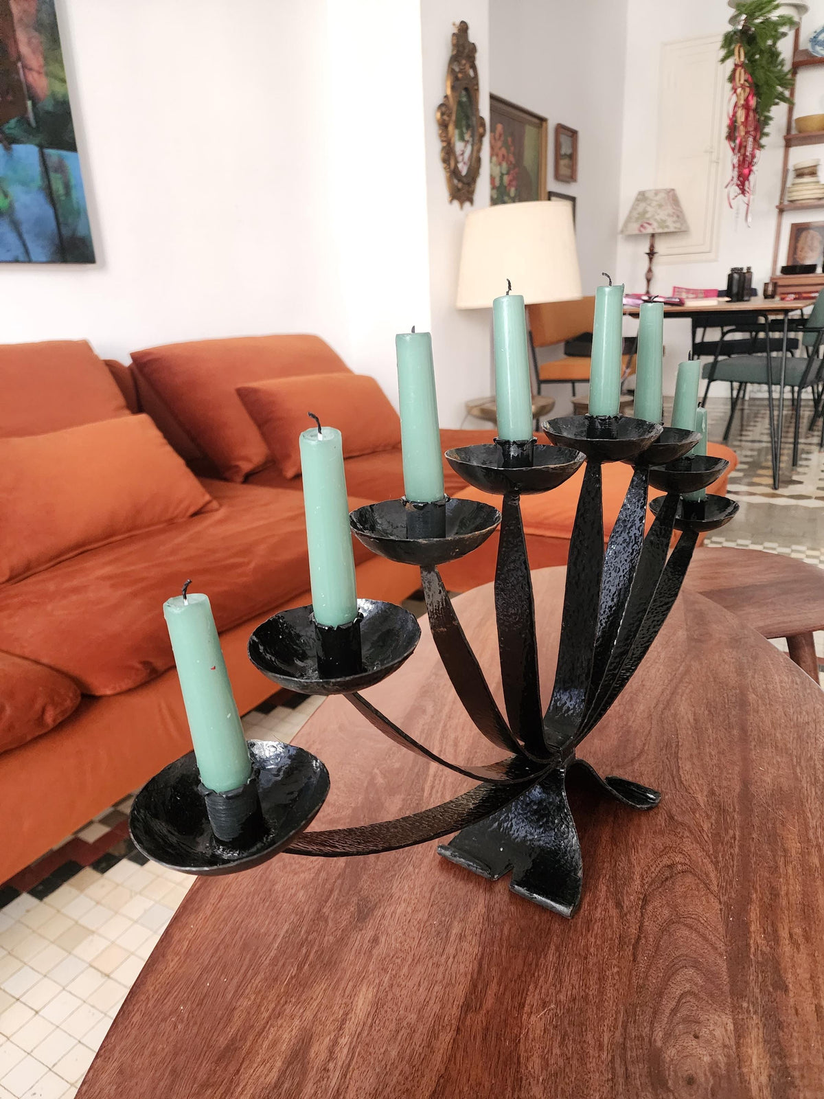Mid Century Wrought Iron Candelabra | 9 Arm Black Iron Candle Holder | Modernist Brutalist Style | 23.5” Centerpiece Sculpture