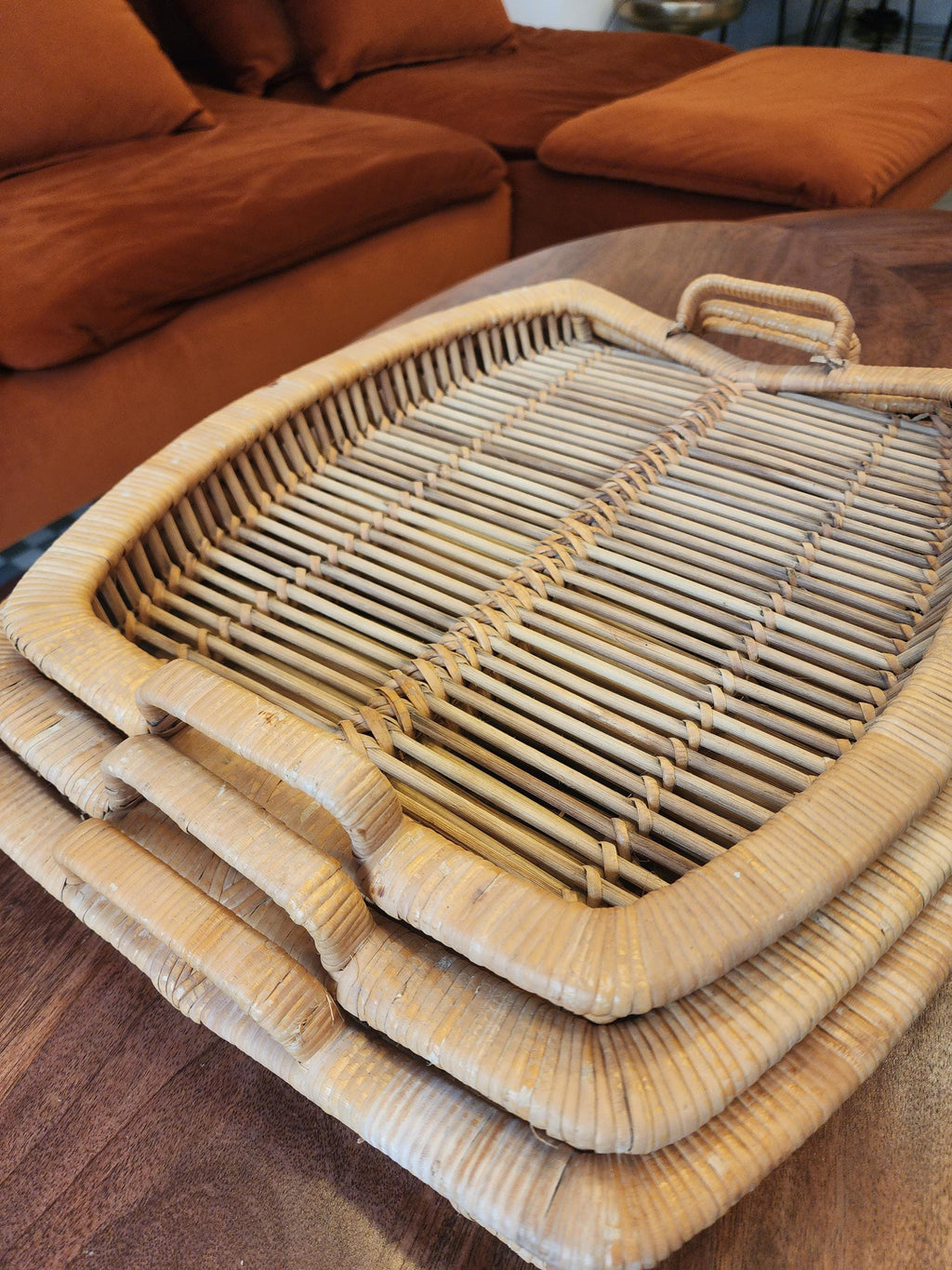 Vintage Rattan Tray Set | 3 Stacking Woven Serving Trays | Boho Coastal Kitchen Decor | Organic Modern Wicker Trays 1970s