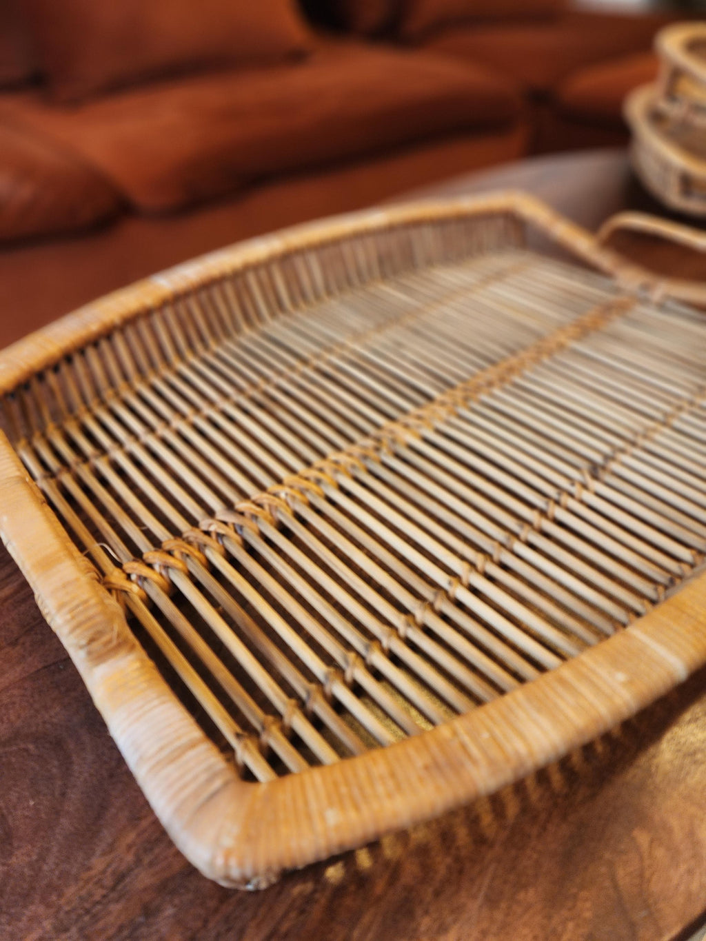 Vintage Rattan Tray Set | 3 Stacking Woven Serving Trays | Boho Coastal Kitchen Decor | Organic Modern Wicker Trays 1970s