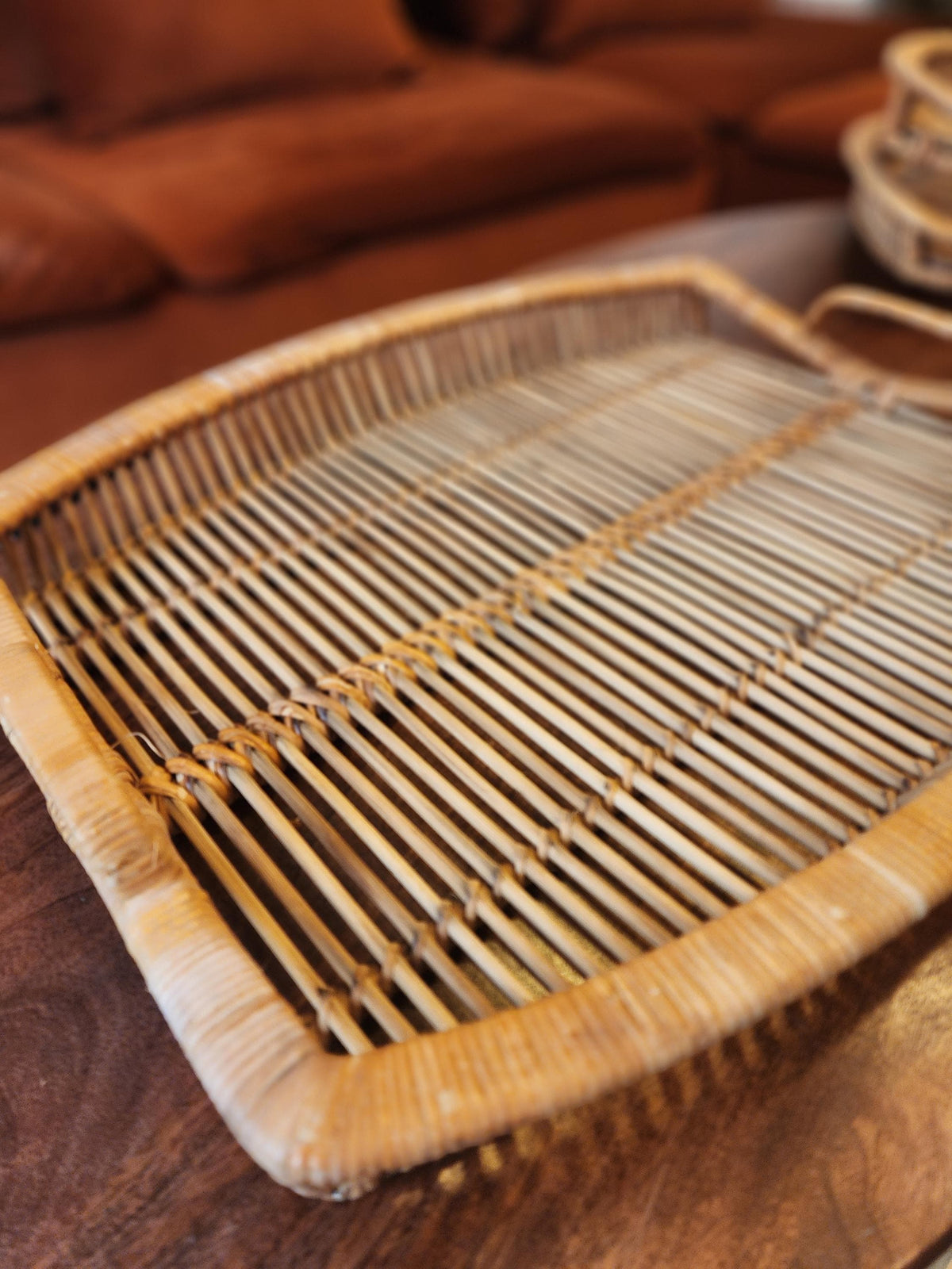 Vintage Rattan Tray Set | 3 Stacking Woven Serving Trays | Boho Coastal Kitchen Decor | Organic Modern Wicker Trays 1970s
