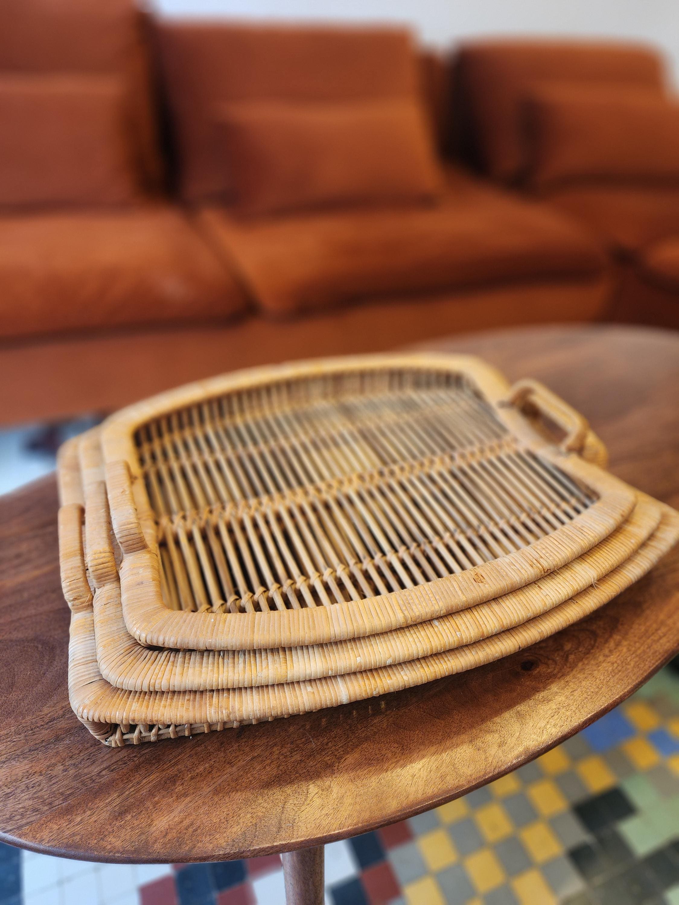 Vintage Rattan Tray Set | 3 Stacking Woven Serving Trays | Boho Coastal Kitchen Decor | Organic Modern Wicker Trays 1970s