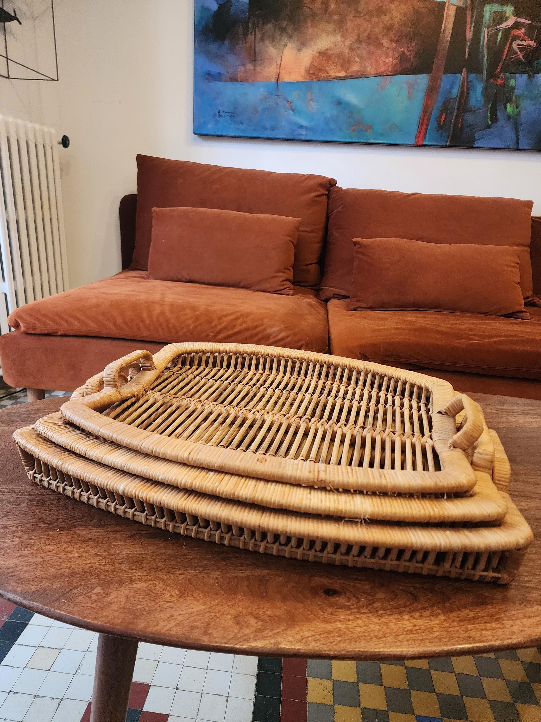 Vintage Rattan Tray Set | 3 Stacking Woven Serving Trays | Boho Coastal Kitchen Decor | Organic Modern Wicker Trays 1970s