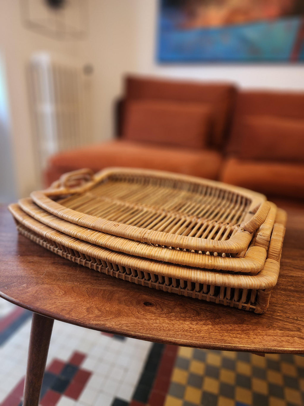 Vintage Rattan Tray Set | 3 Stacking Woven Serving Trays | Boho Coastal Kitchen Decor | Organic Modern Wicker Trays 1970s
