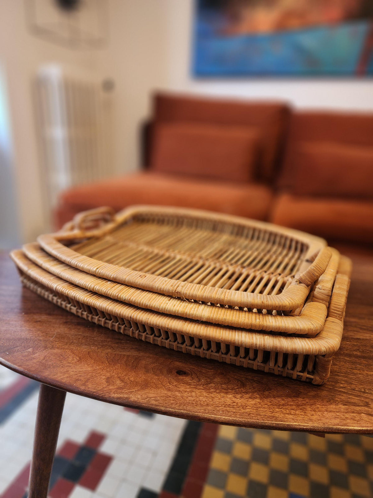 Vintage Rattan Tray Set | 3 Stacking Woven Serving Trays | Boho Coastal Kitchen Decor | Organic Modern Wicker Trays 1970s