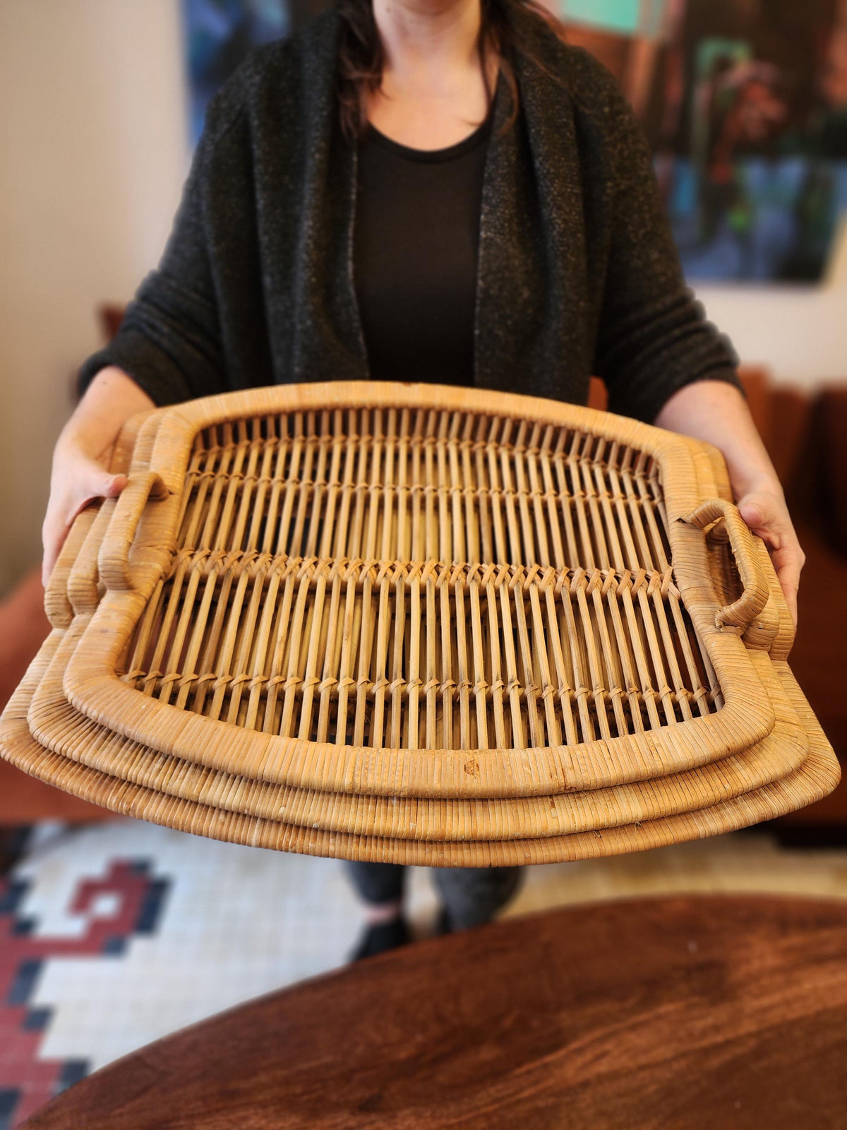 Vintage Rattan Tray Set | 3 Stacking Woven Serving Trays | Boho Coastal Kitchen Decor | Organic Modern Wicker Trays 1970s