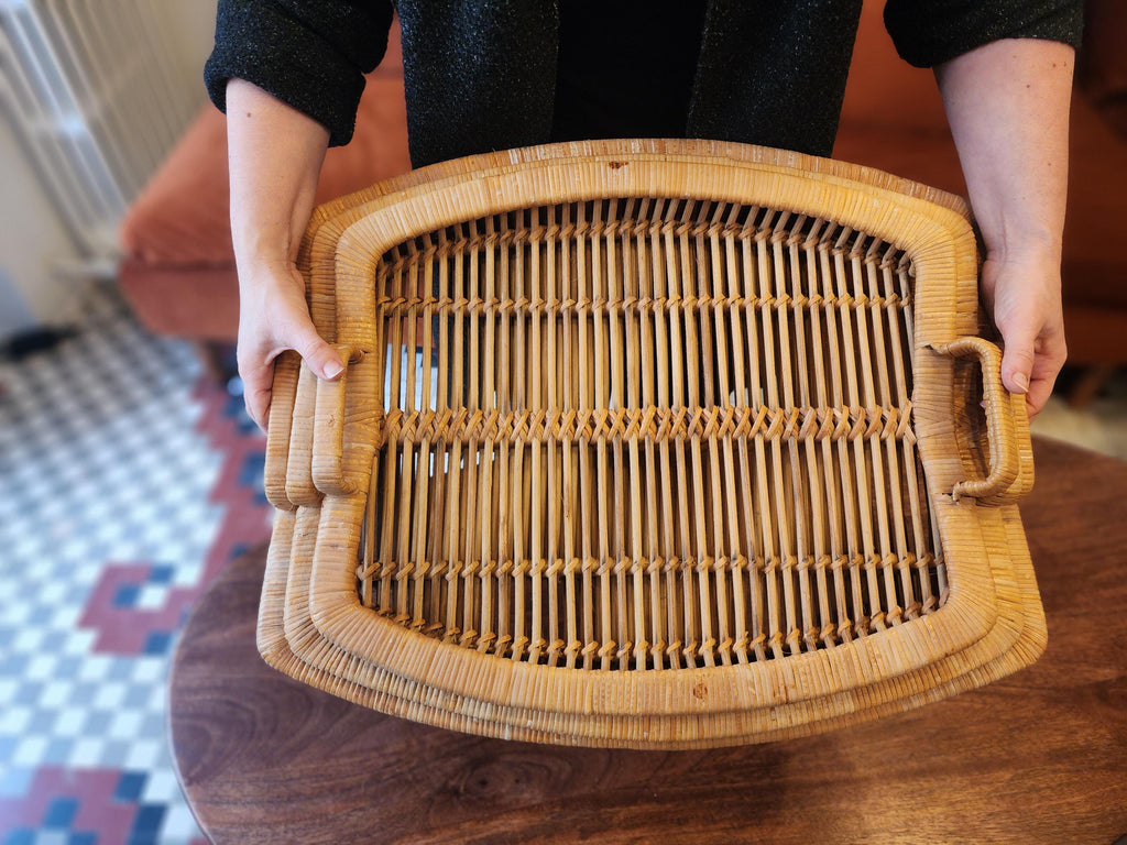 Vintage Rattan Tray Set | 3 Stacking Woven Serving Trays | Boho Coastal Kitchen Decor | Organic Modern Wicker Trays 1970s