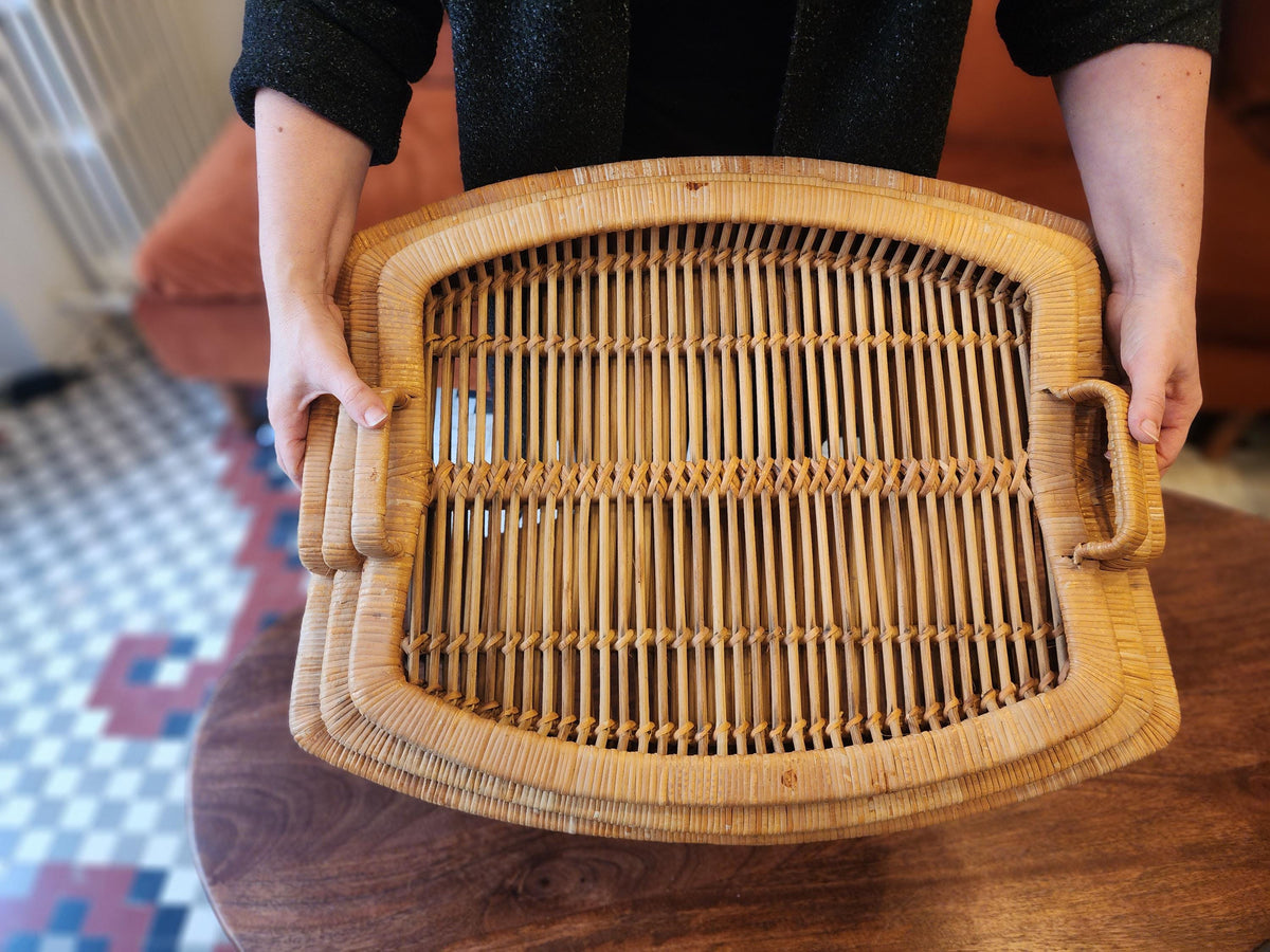 Vintage Rattan Tray Set | 3 Stacking Woven Serving Trays | Boho Coastal Kitchen Decor | Organic Modern Wicker Trays 1970s