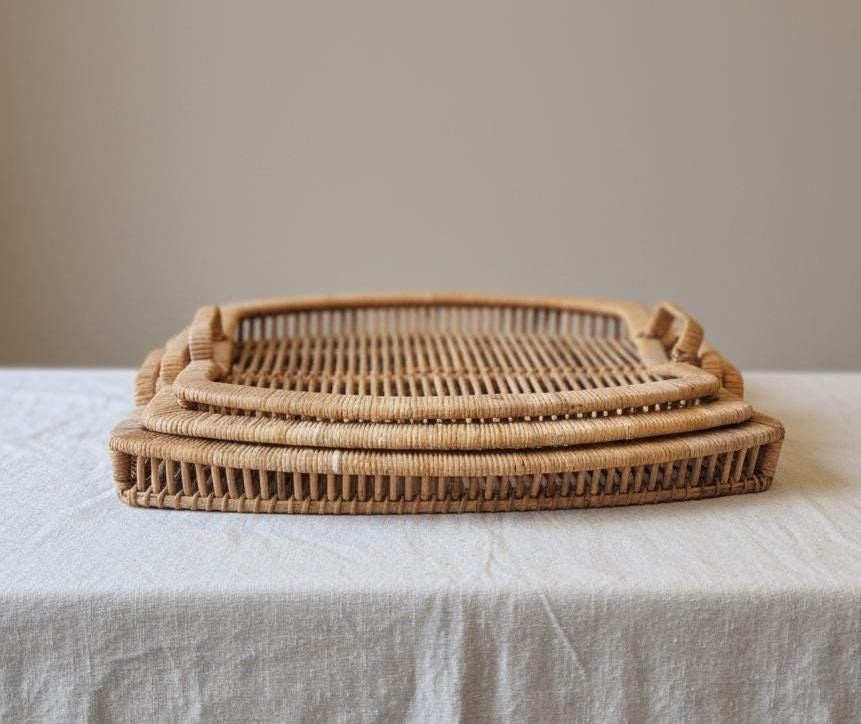 Vintage Rattan Tray Set