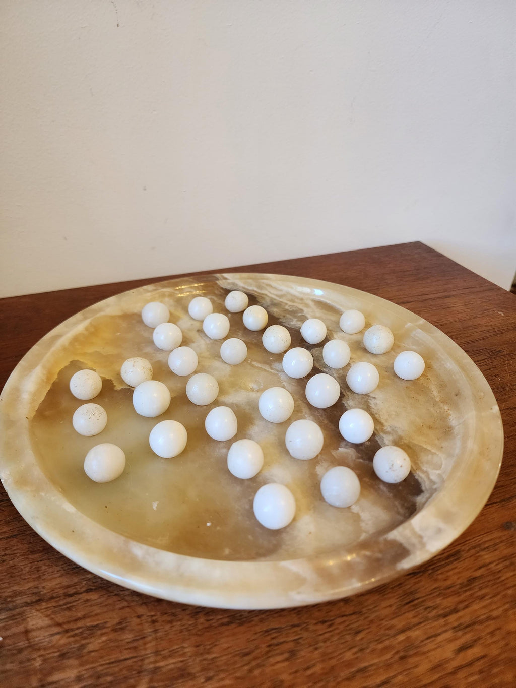 Vintage Onyx Marble Solitaire Board Game | Mid Century Stone Peg Solitaire | Natural Stone Puzzle Decor