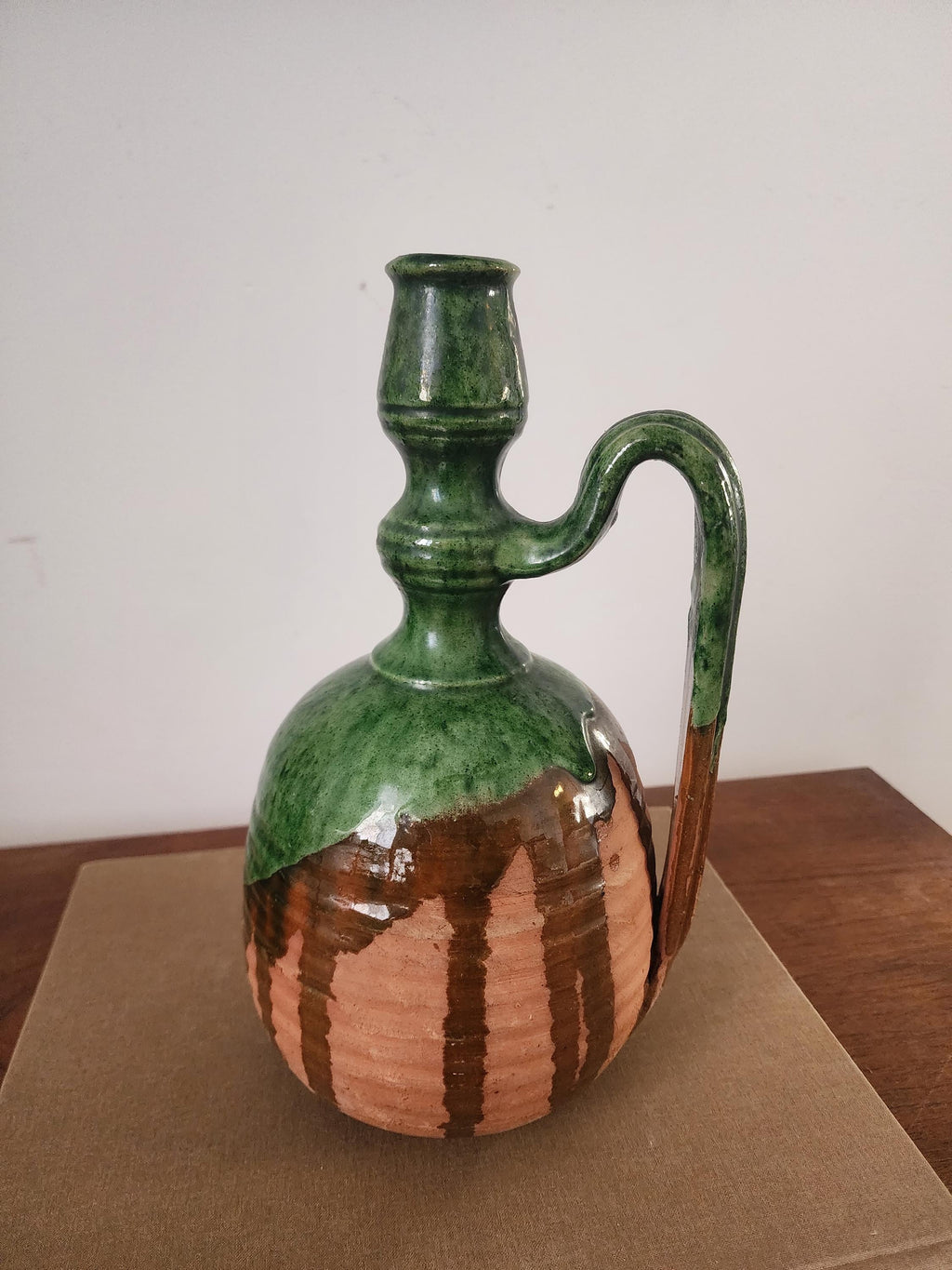 Vintage Studio Pottery Jug, Green Glazed Ceramic Pitcher, Rustic Handmade Stoneware Vessel, Wabi Sabi Decor