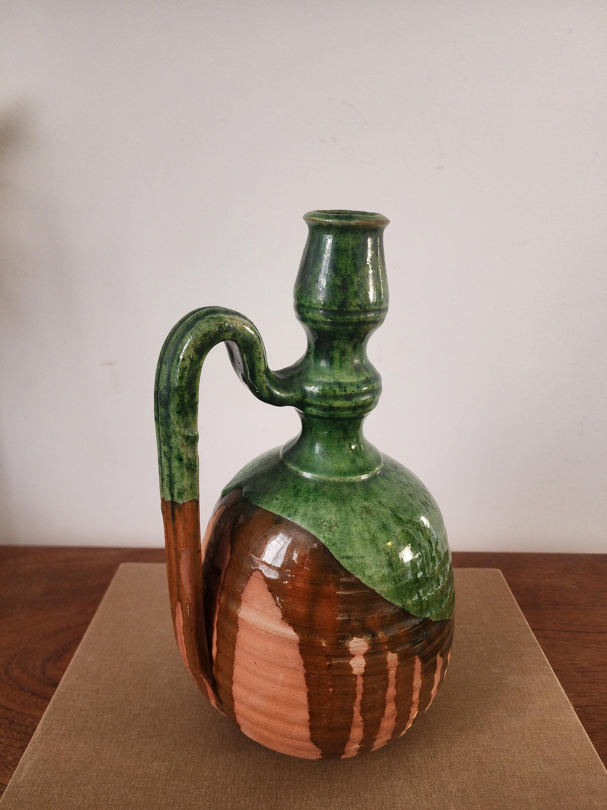 Vintage Studio Pottery Jug, Green Glazed Ceramic Pitcher, Rustic Handmade Stoneware Vessel, Wabi Sabi Decor