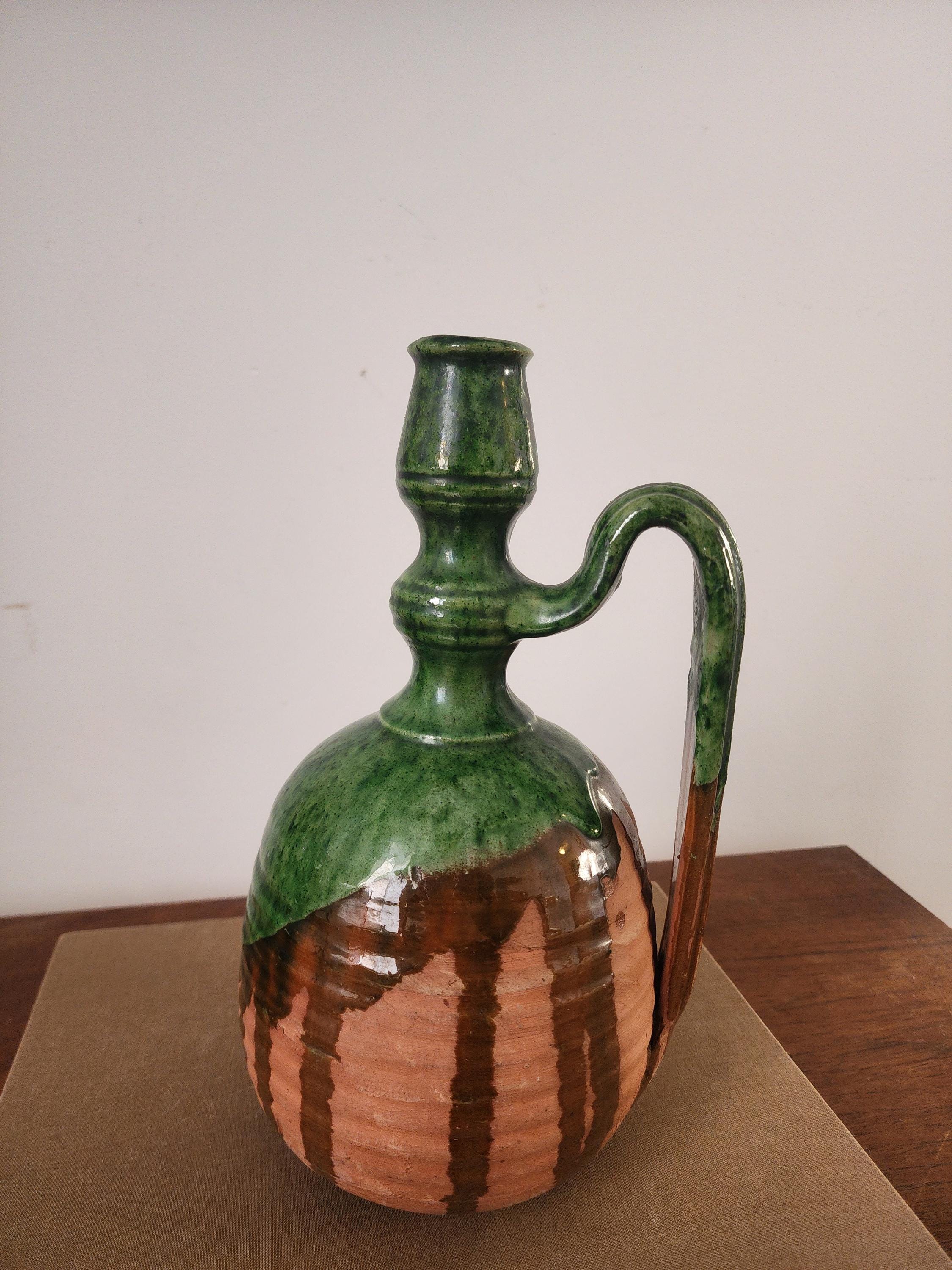 Vintage Studio Pottery Jug, Green Glazed Ceramic Pitcher, Rustic Handmade Stoneware Vessel, Wabi Sabi Decor