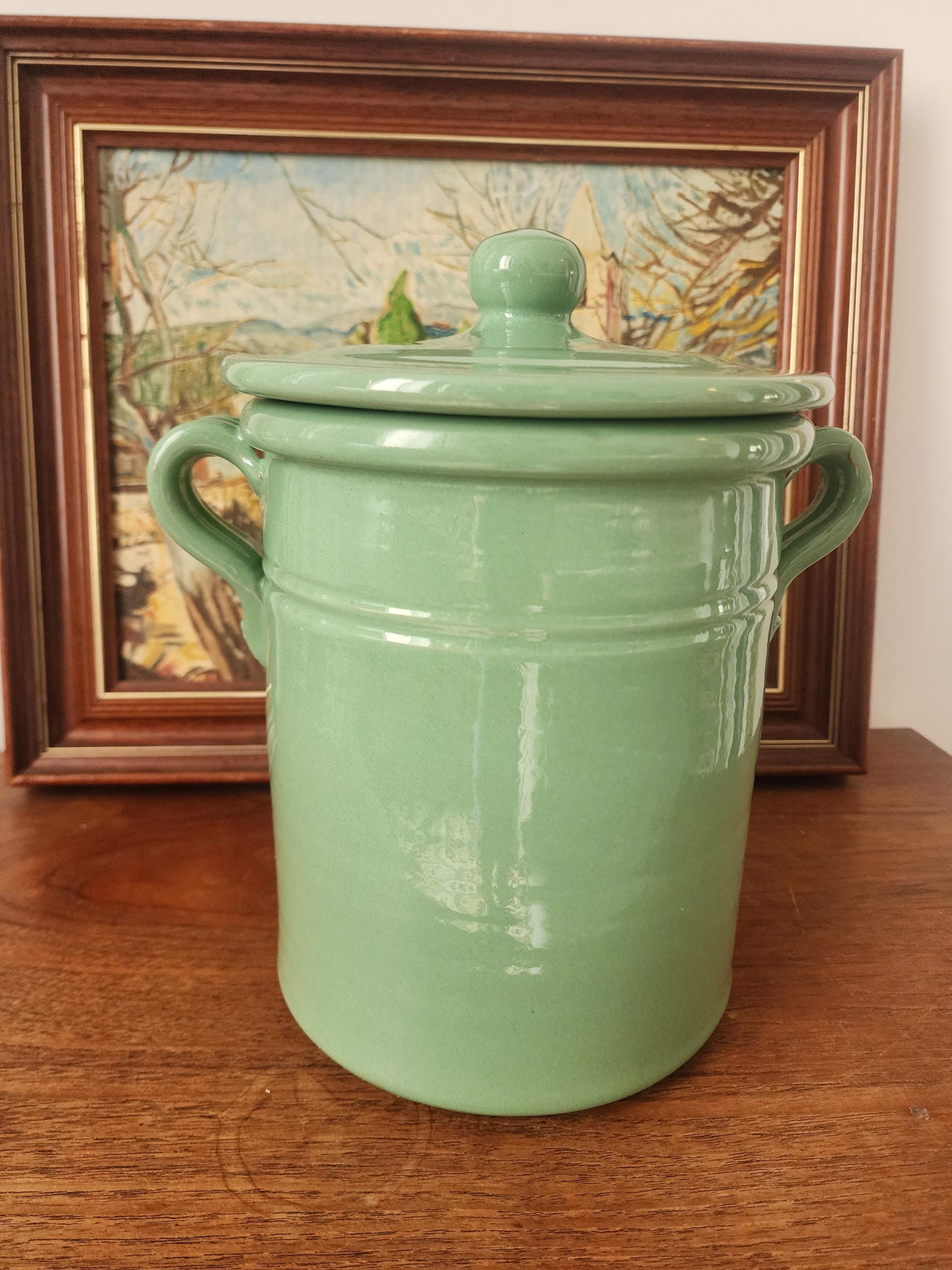 Lamas Italy Green Ceramic Jar, Vintage Italian Stoneware Pot with Lid, Glazed Kitchen Storage, Midcentury Pottery Decor