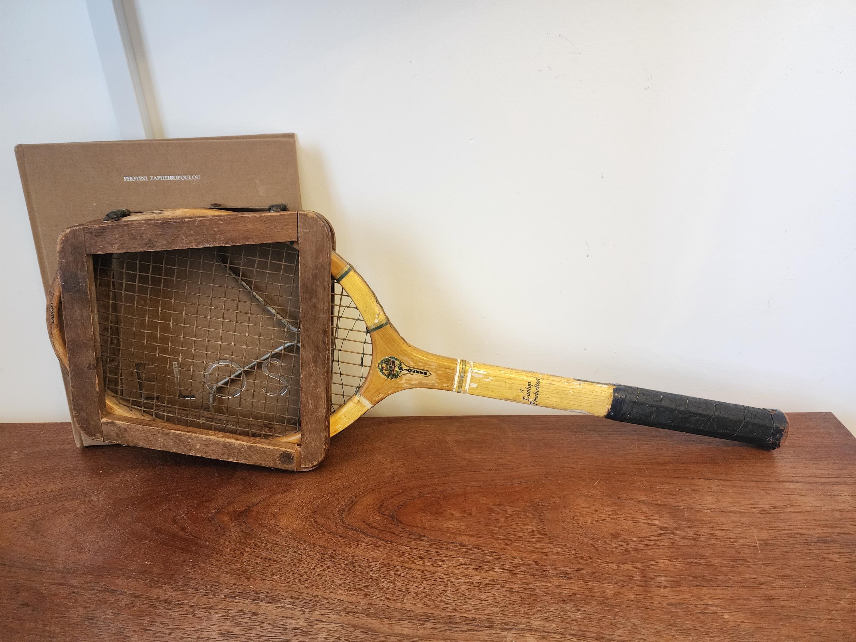 Vintage Dunlop Pioneer Tennis Racket, Hamley London Wooden Racquet with Press, 1950s Sports Collectible, Retro Wall Decor