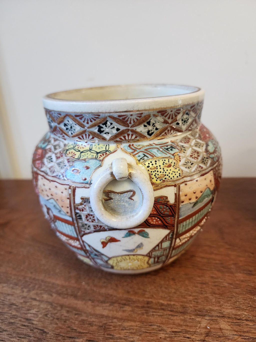 Pair of Japanese Satsuma Jars, Hand Painted Kutani Style Pottery, Vintage Oriental Vases with Handles, Signed Gilded Decor