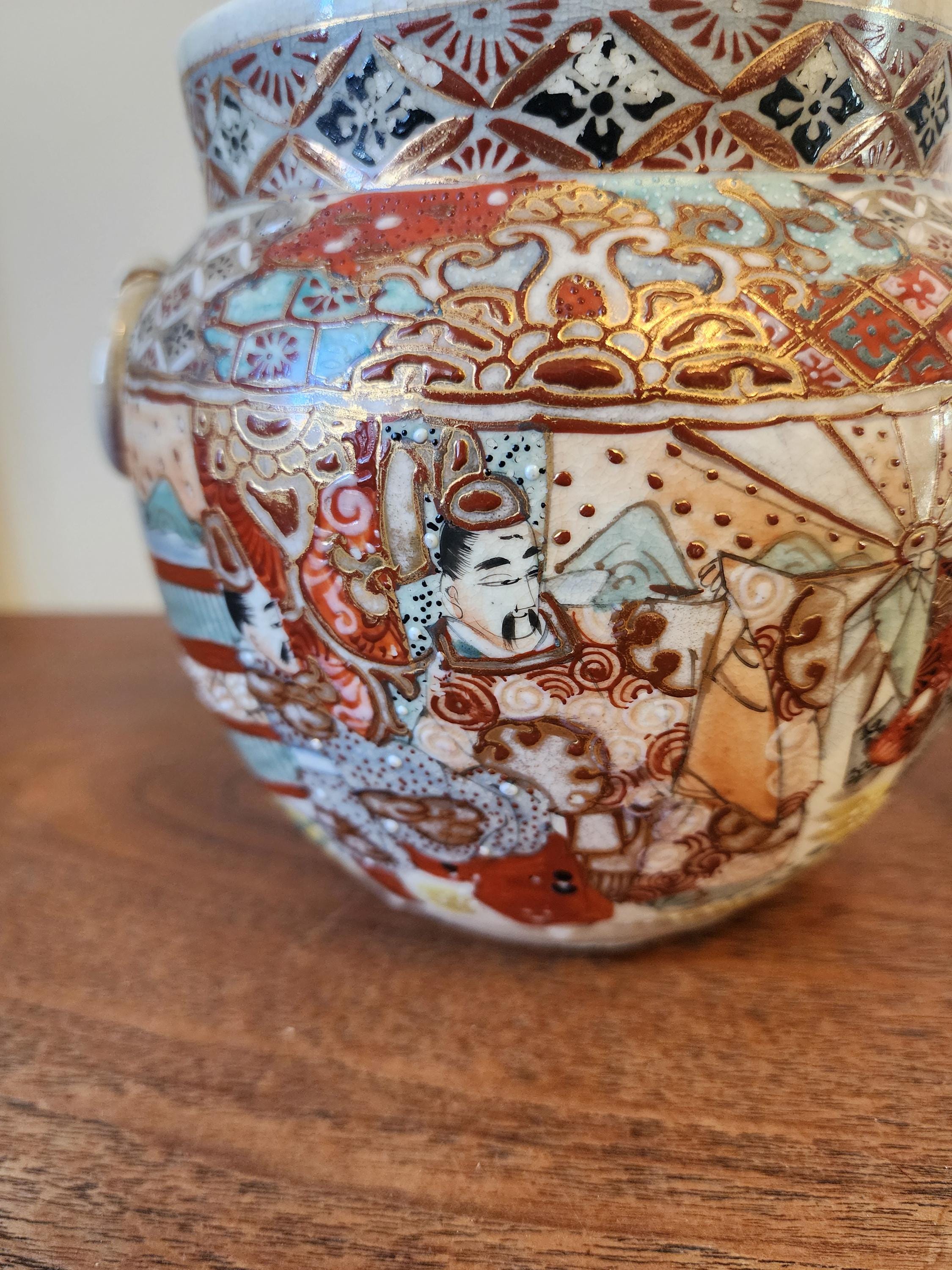 Pair of Japanese Satsuma Jars, Hand Painted Kutani Style Pottery, Vintage Oriental Vases with Handles, Signed Gilded Decor