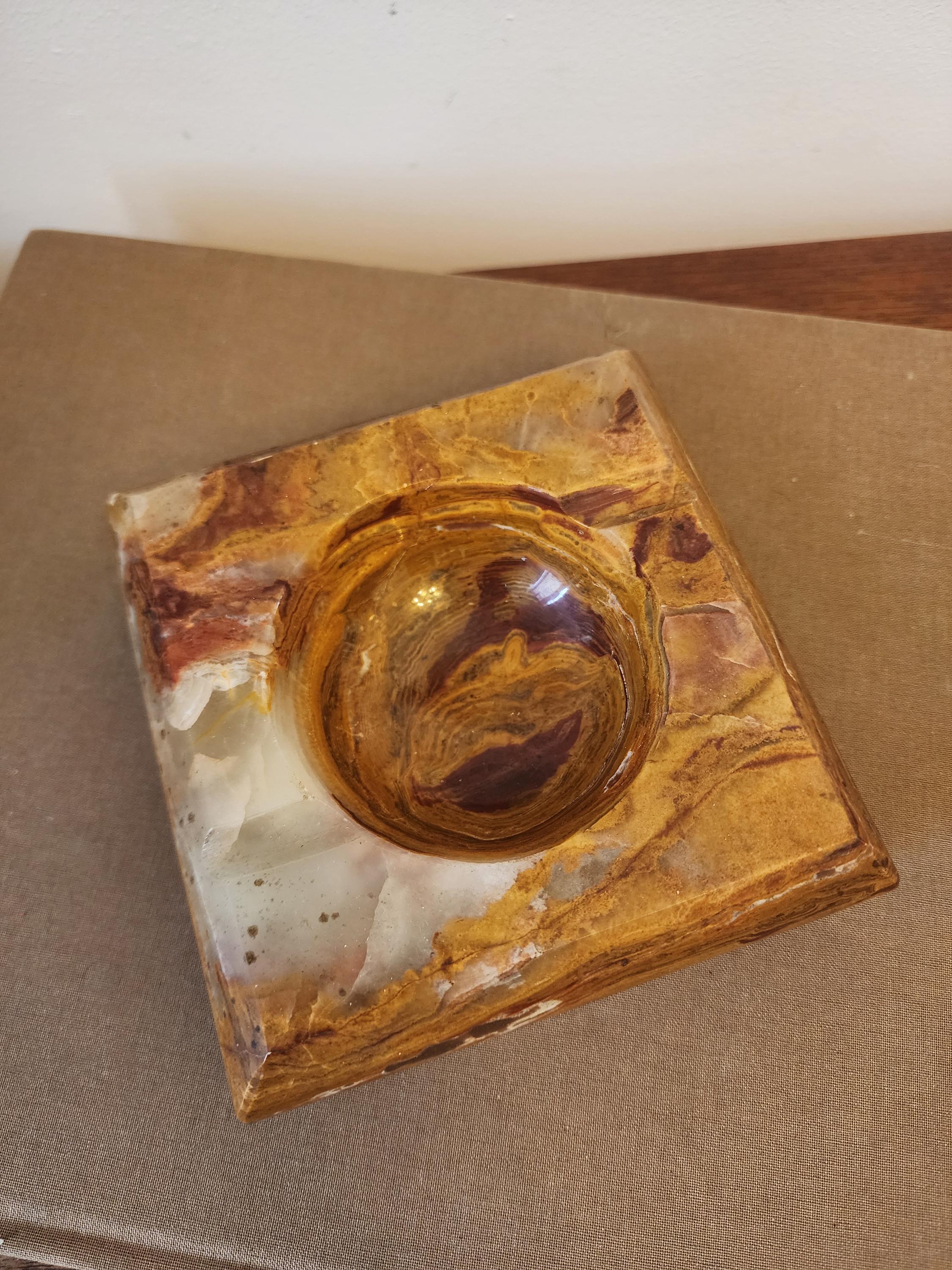 Vintage Onyx Marble Ashtray, Square Stone Ashtray, Mid Century Modern Table Decor, Heavy Natural Stone Bowl