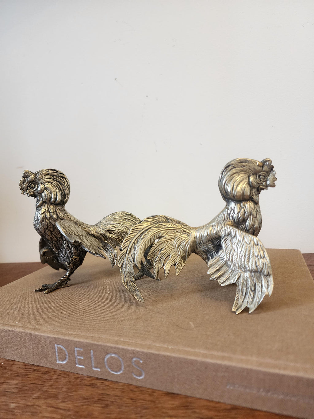Vintage silver plated fighting Rooster Figurines Pair, Silver Tone Fighting Cockerels Sculptures, Farmhouse Country Animal Decor