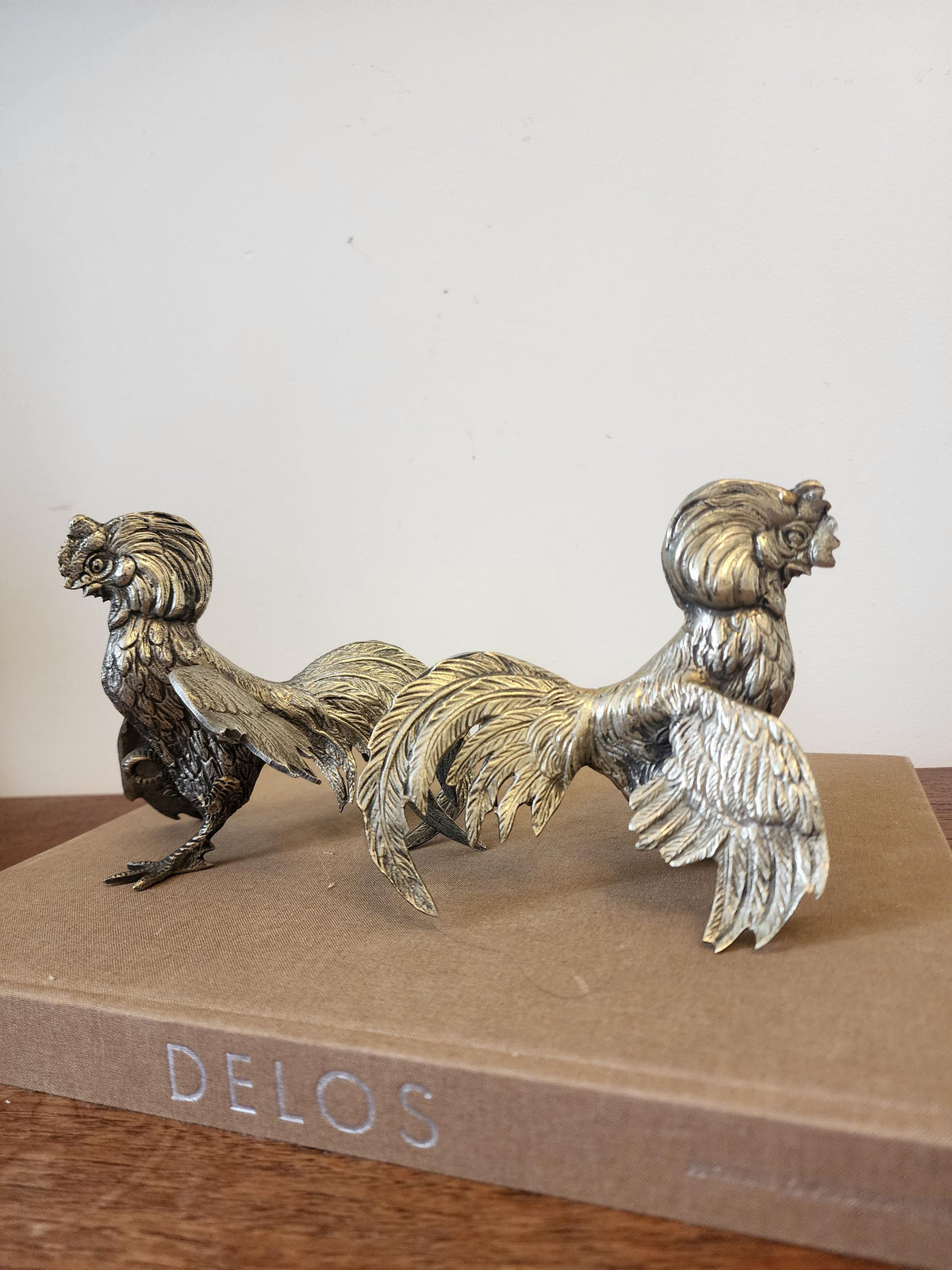 Vintage silver plated fighting Rooster Figurines Pair, Silver Tone Fighting Cockerels Sculptures, Farmhouse Country Animal Decor
