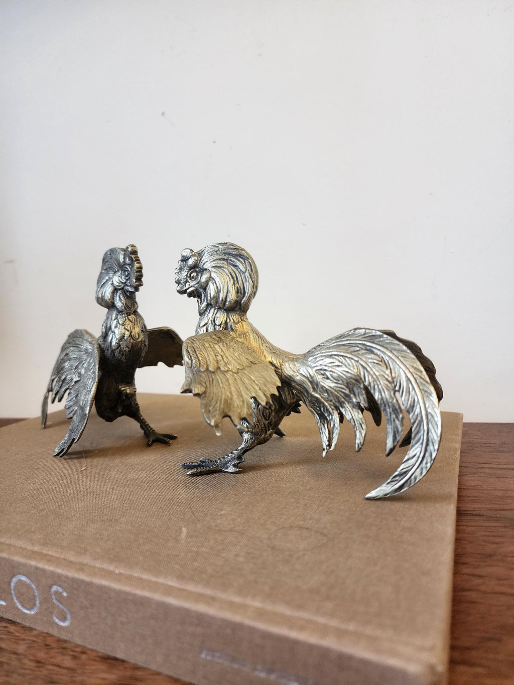 Vintage silver plated fighting Rooster Figurines Pair, Silver Tone Fighting Cockerels Sculptures, Farmhouse Country Animal Decor