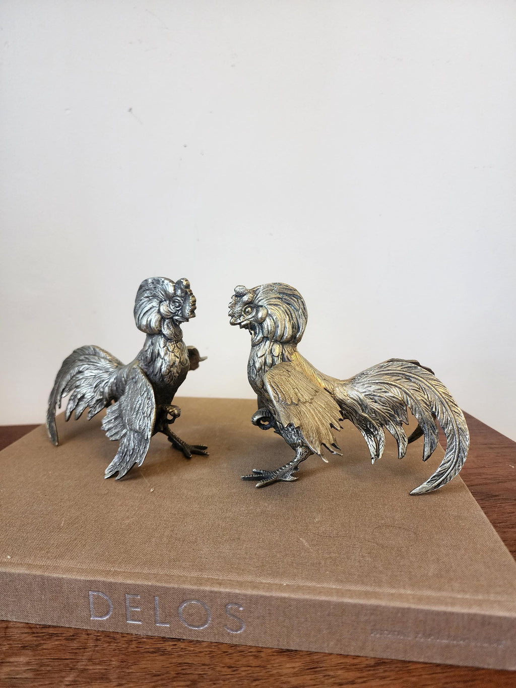 Vintage silver plated fighting Rooster Figurines Pair, Silver Tone Fighting Cockerels Sculptures, Farmhouse Country Animal Decor