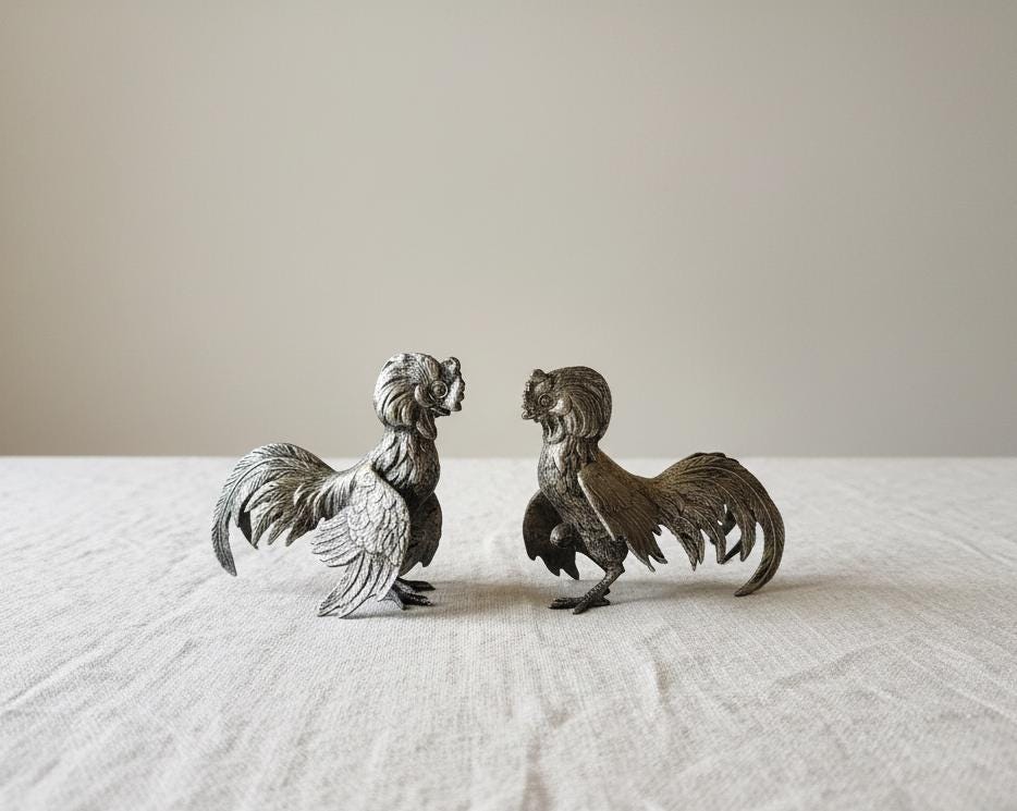Vintage silver plated fighting Rooster Figurines Pair