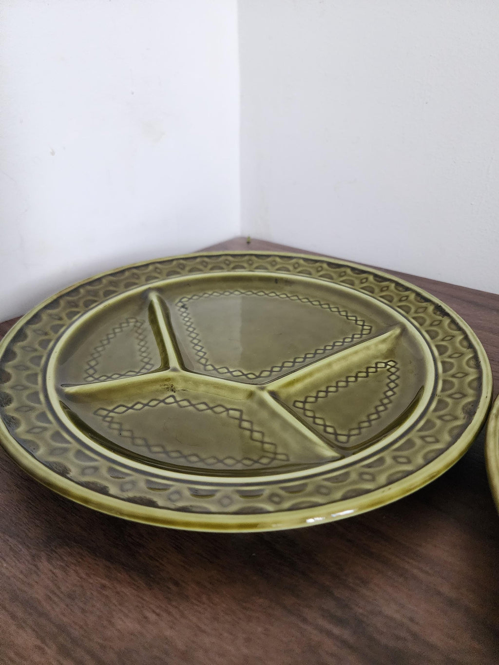 Set of 3 Sarreguemines Plates, French Porcelaine Pyroblan, Olive Green Mid Century Divided Dinner Plates, Vintage French Pottery
