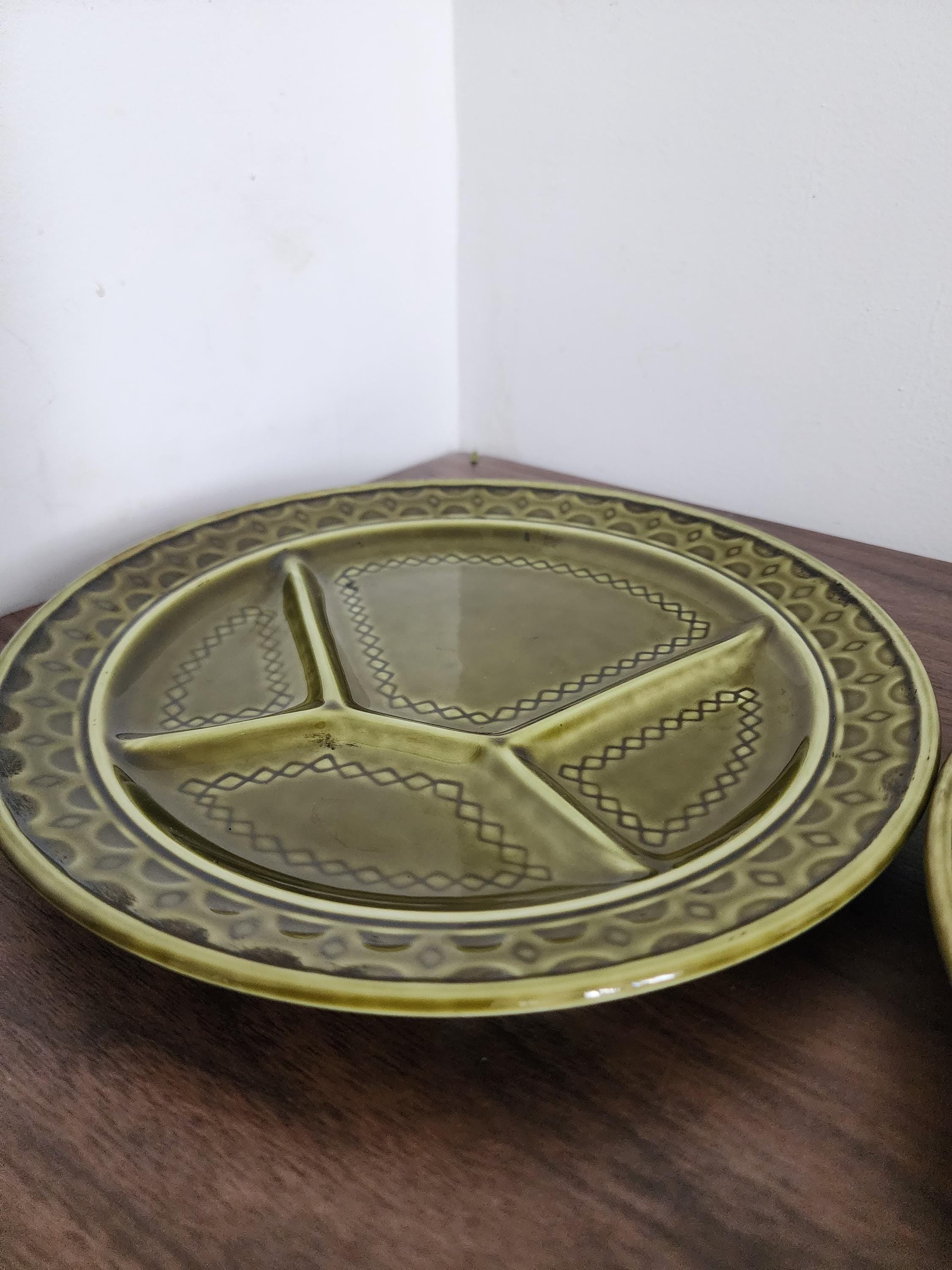 Set of 3 Sarreguemines Plates, French Porcelaine Pyroblan, Olive Green Mid Century Divided Dinner Plates, Vintage French Pottery