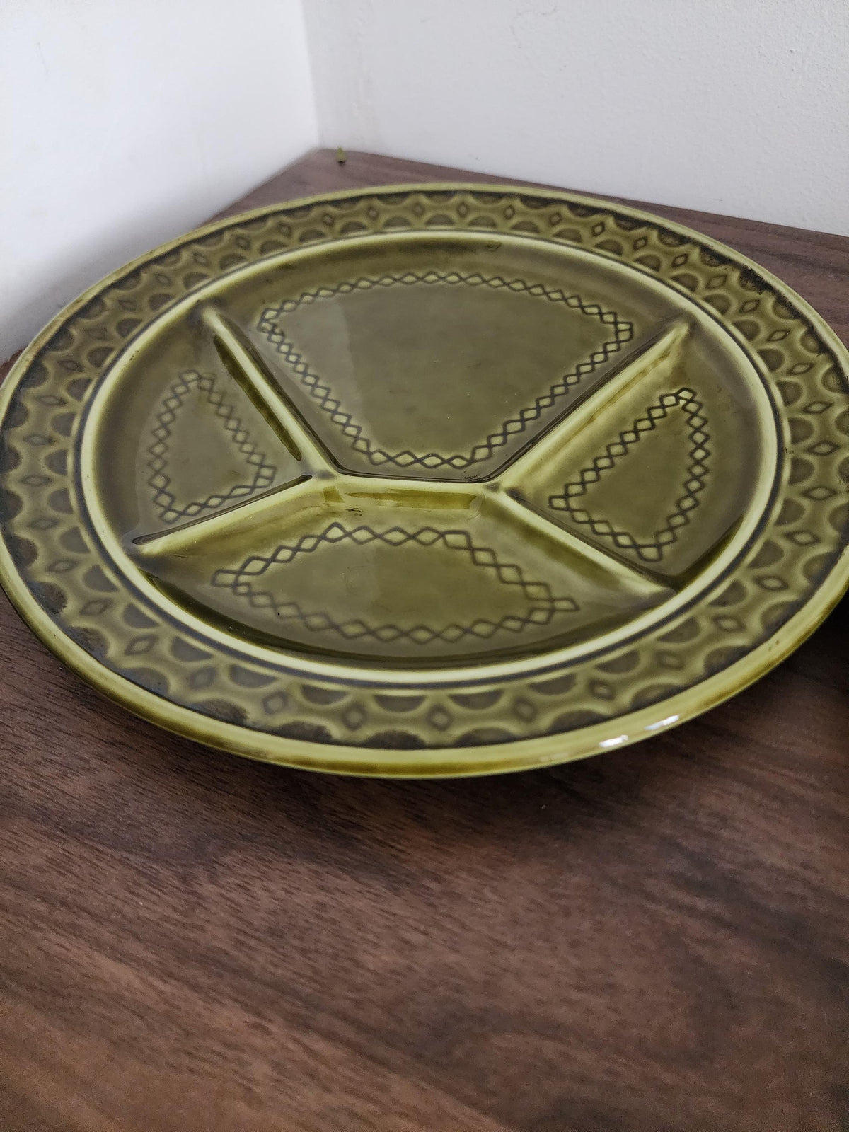 Set of 3 Sarreguemines Plates, French Porcelaine Pyroblan, Olive Green Mid Century Divided Dinner Plates, Vintage French Pottery