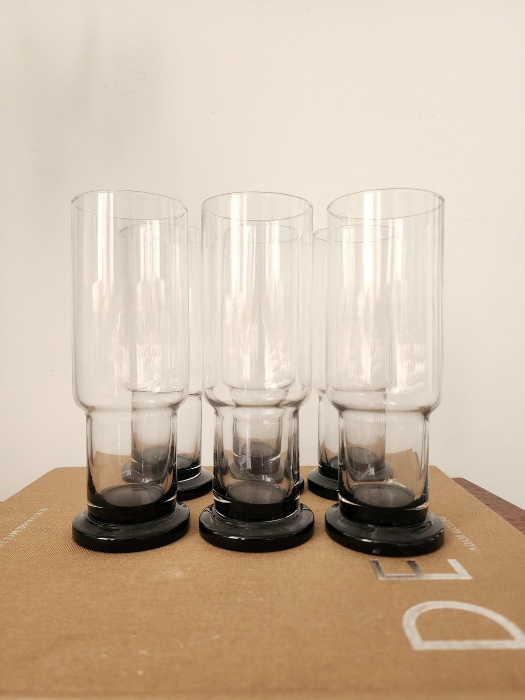 Set of 6 Clear and Black Base Glasses, Mid Century Modern Heavy Tumblers, Vintage French Barware, Minimalist Cocktail Glass Set