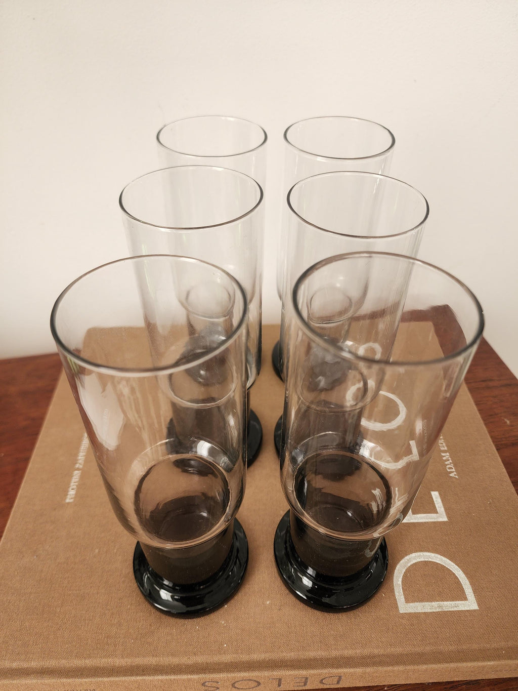 Set of 6 Clear and Black Base Glasses, Mid Century Modern Heavy Tumblers, Vintage French Barware, Minimalist Cocktail Glass Set