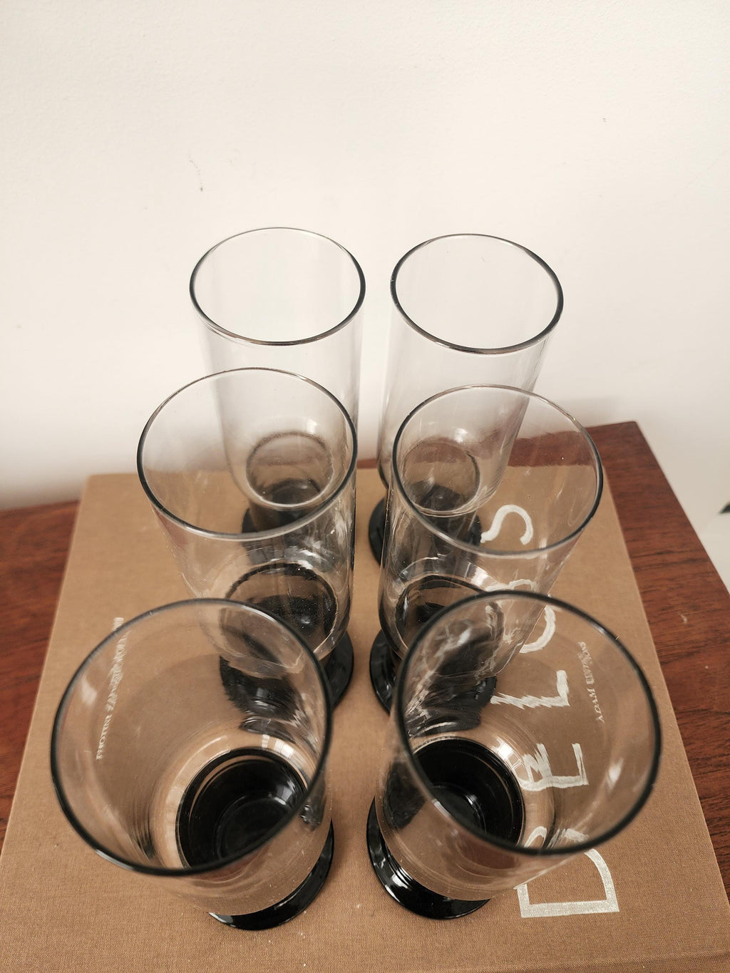 Set of 6 Clear and Black Base Glasses, Mid Century Modern Heavy Tumblers, Vintage French Barware, Minimalist Cocktail Glass Set