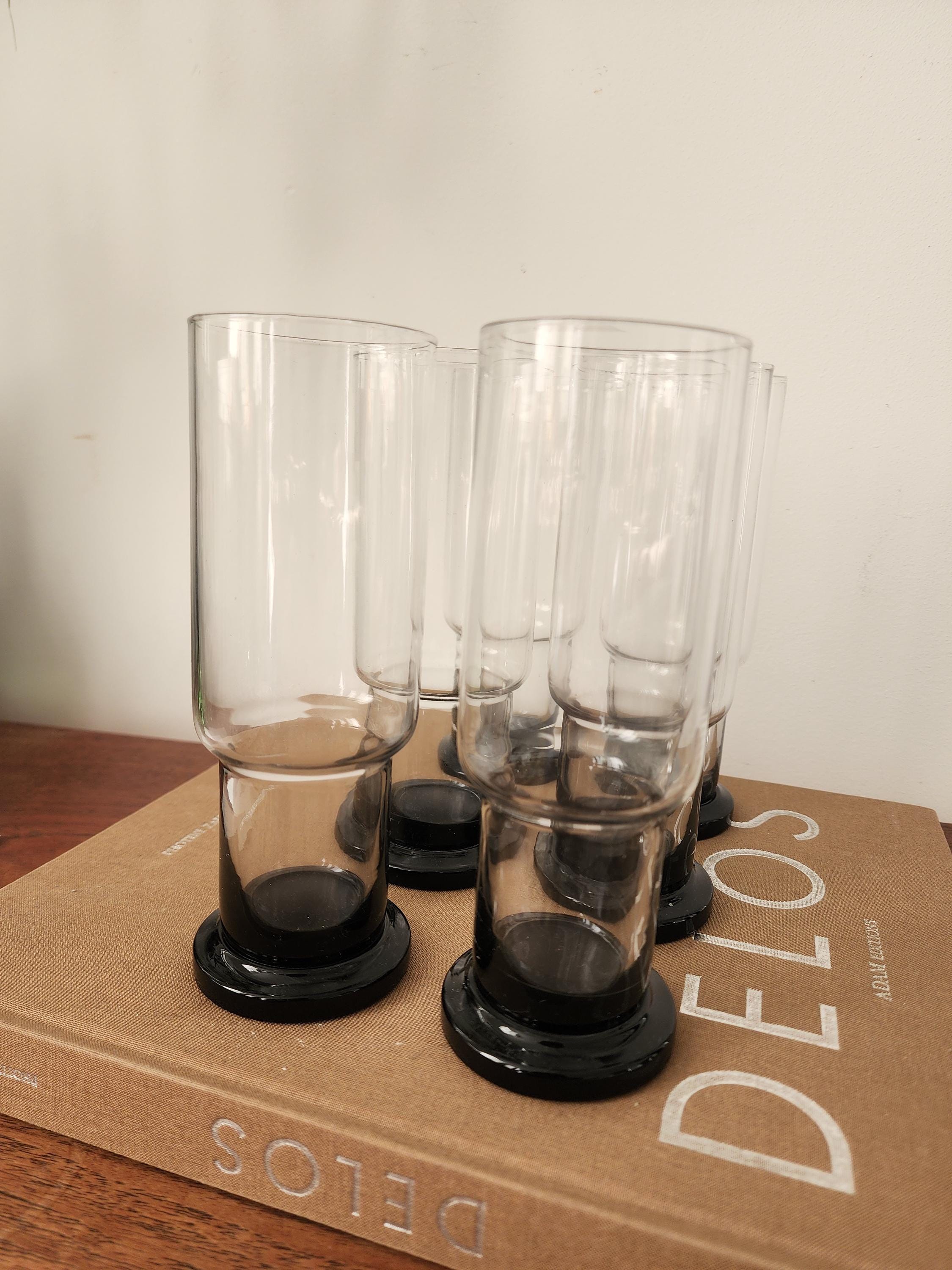 Set of 6 Clear and Black Base Glasses, Mid Century Modern Heavy Tumblers, Vintage French Barware, Minimalist Cocktail Glass Set